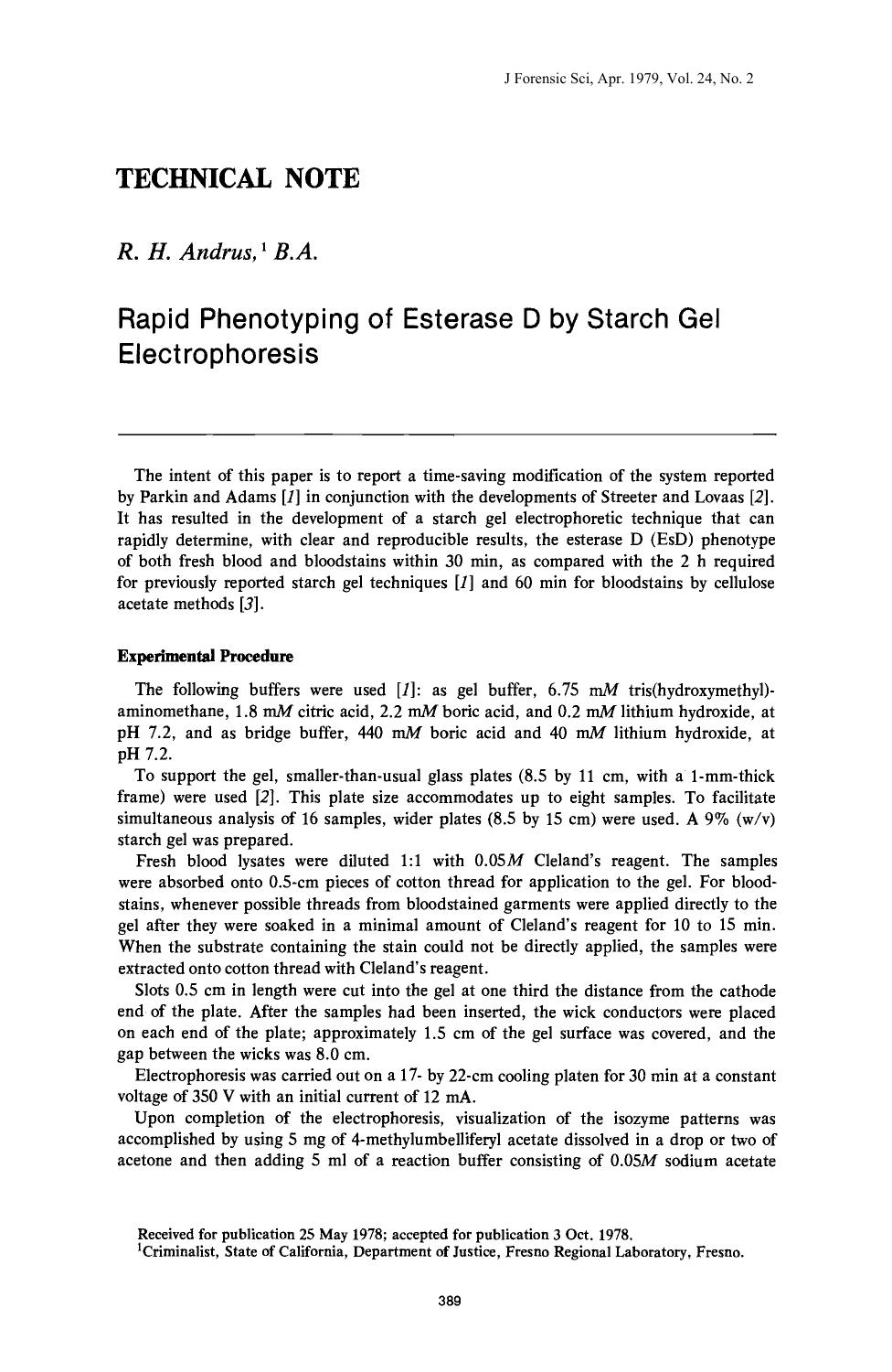 Rapid Phenotyping of Esterase D by Starch Gel Electrophoresis by Andrus RH