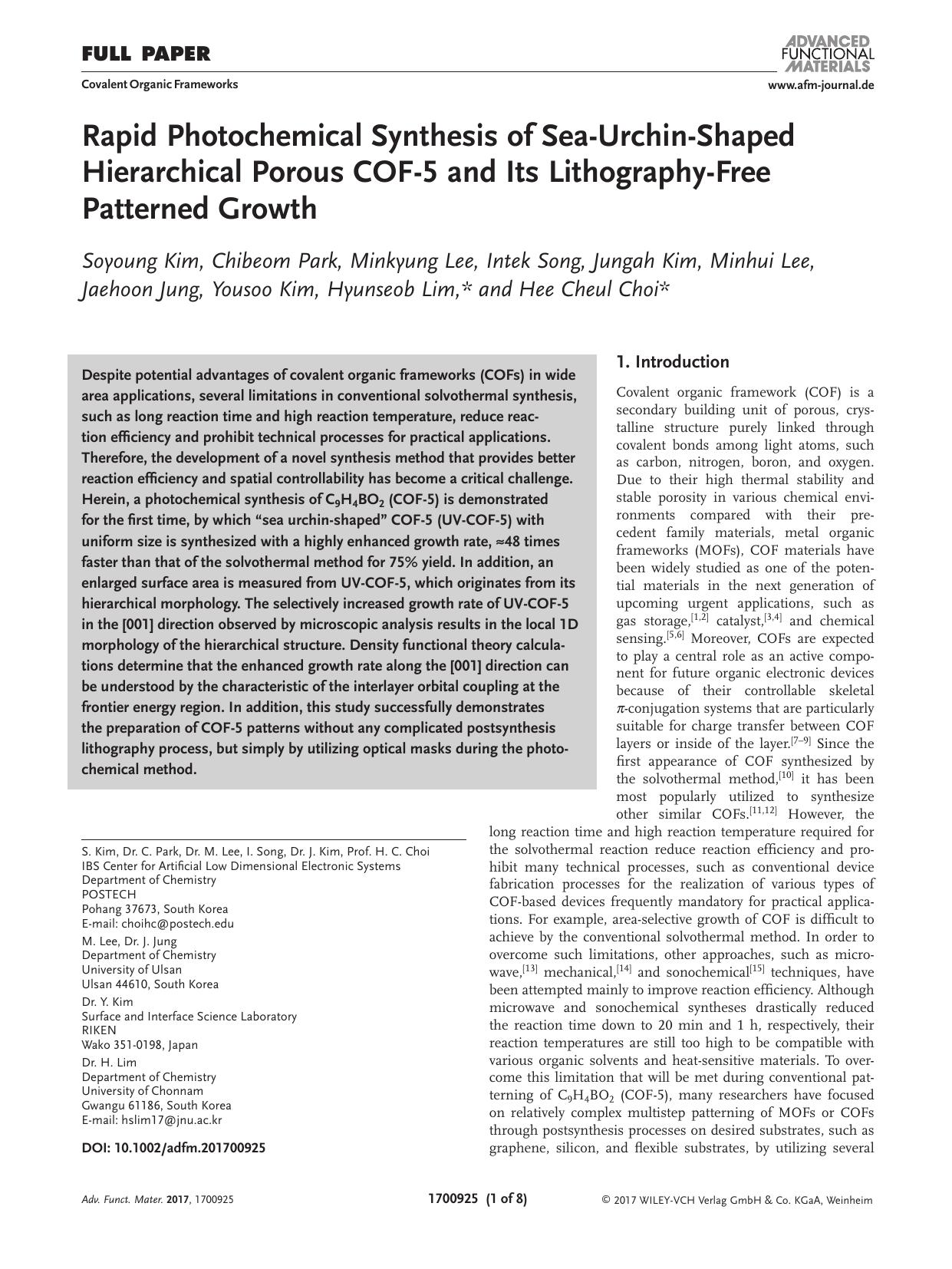 Rapid Photochemical Synthesis of Sea‐Urchin‐Shaped Hierarchical Porous COF‐5 and Its Lithography‐Free Patterned Growth by Unknown