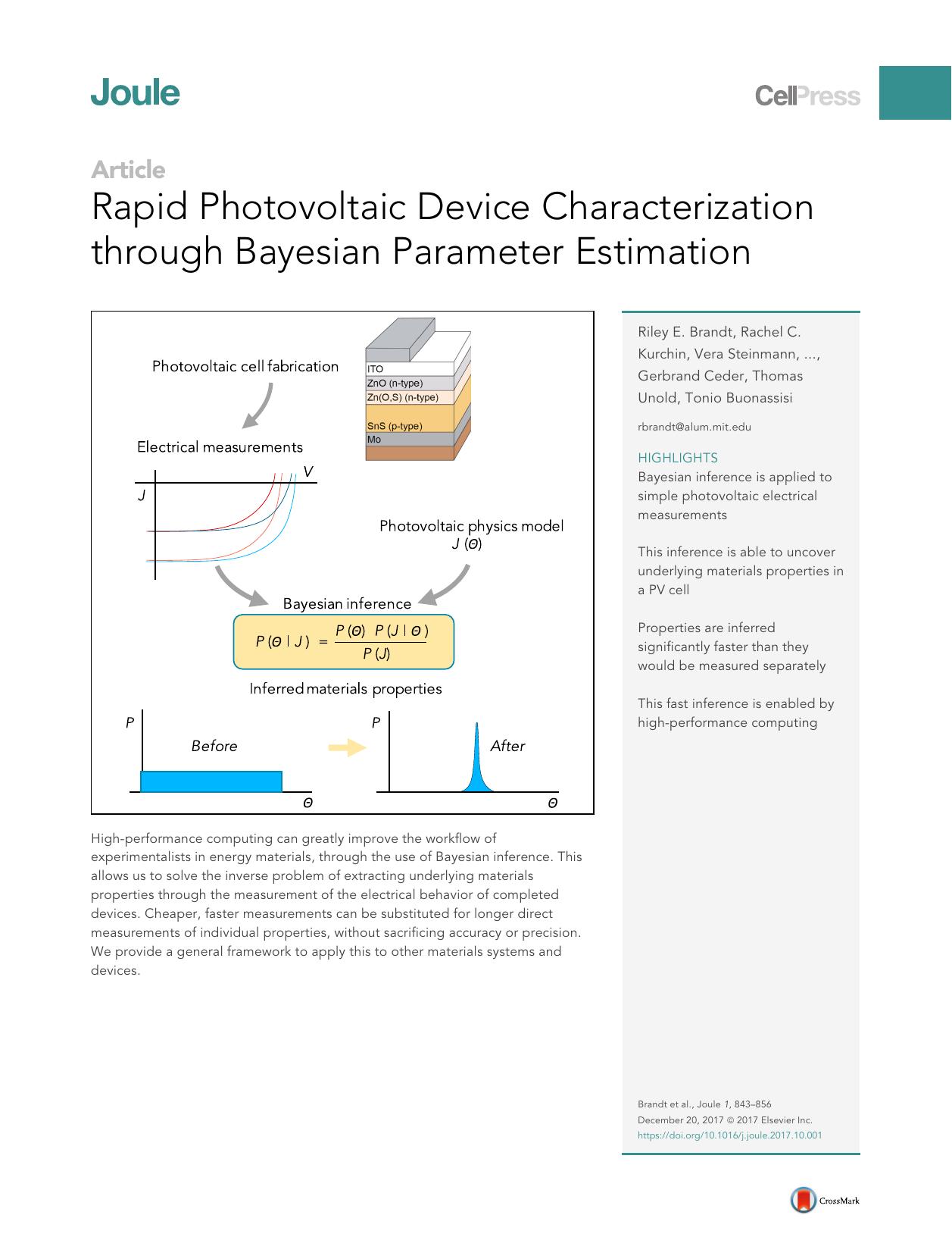 Rapid Photovoltaic Device Characterization through Bayesian Parameter Estimation by Riley E. Brandt