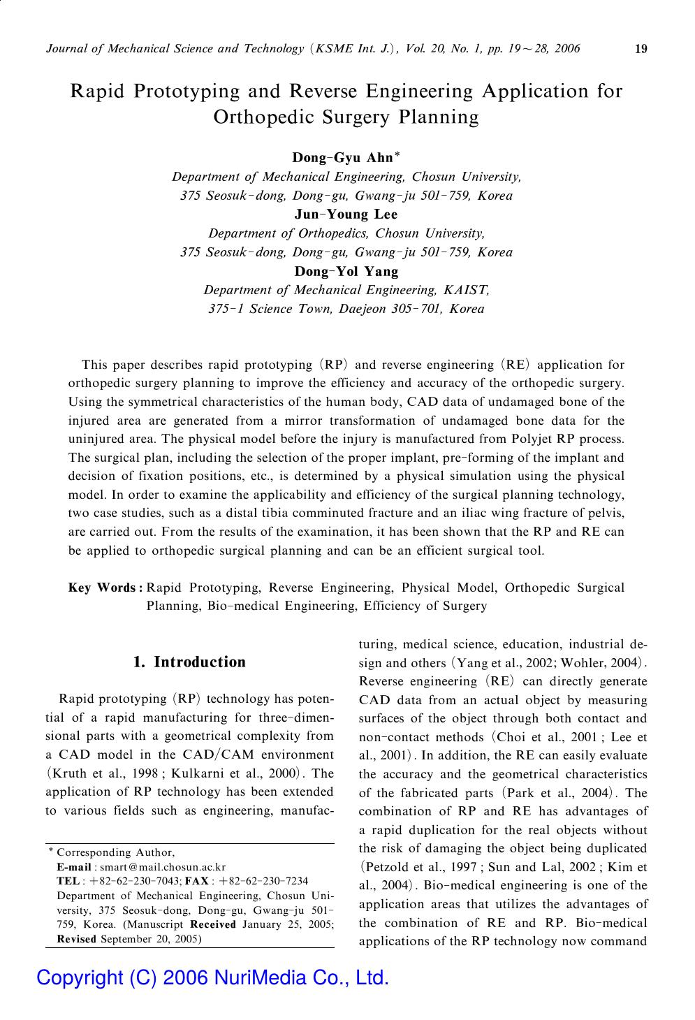 Rapid Prototyping and Reverse Engineering Application for Orthopedic Surgery Planning by Unknown