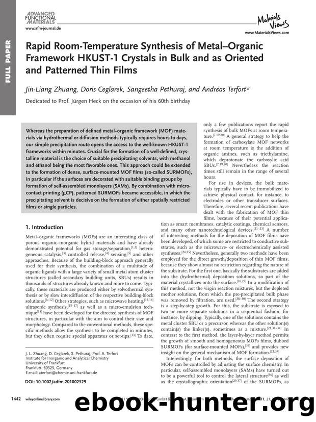 Rapid RoomTemperature Synthesis of MetalOrganic Framework HKUST1 Crystals in Bulk and as Oriented  and Patterned Thin Films by wcu