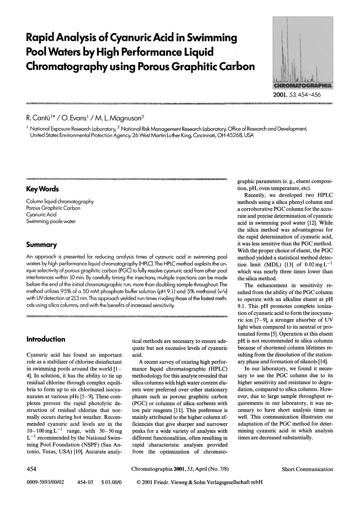 Rapid analysis of cyanuric acid in swimming pool waters by high performance liquid chromatography using porous graphitic carbon by Unknown