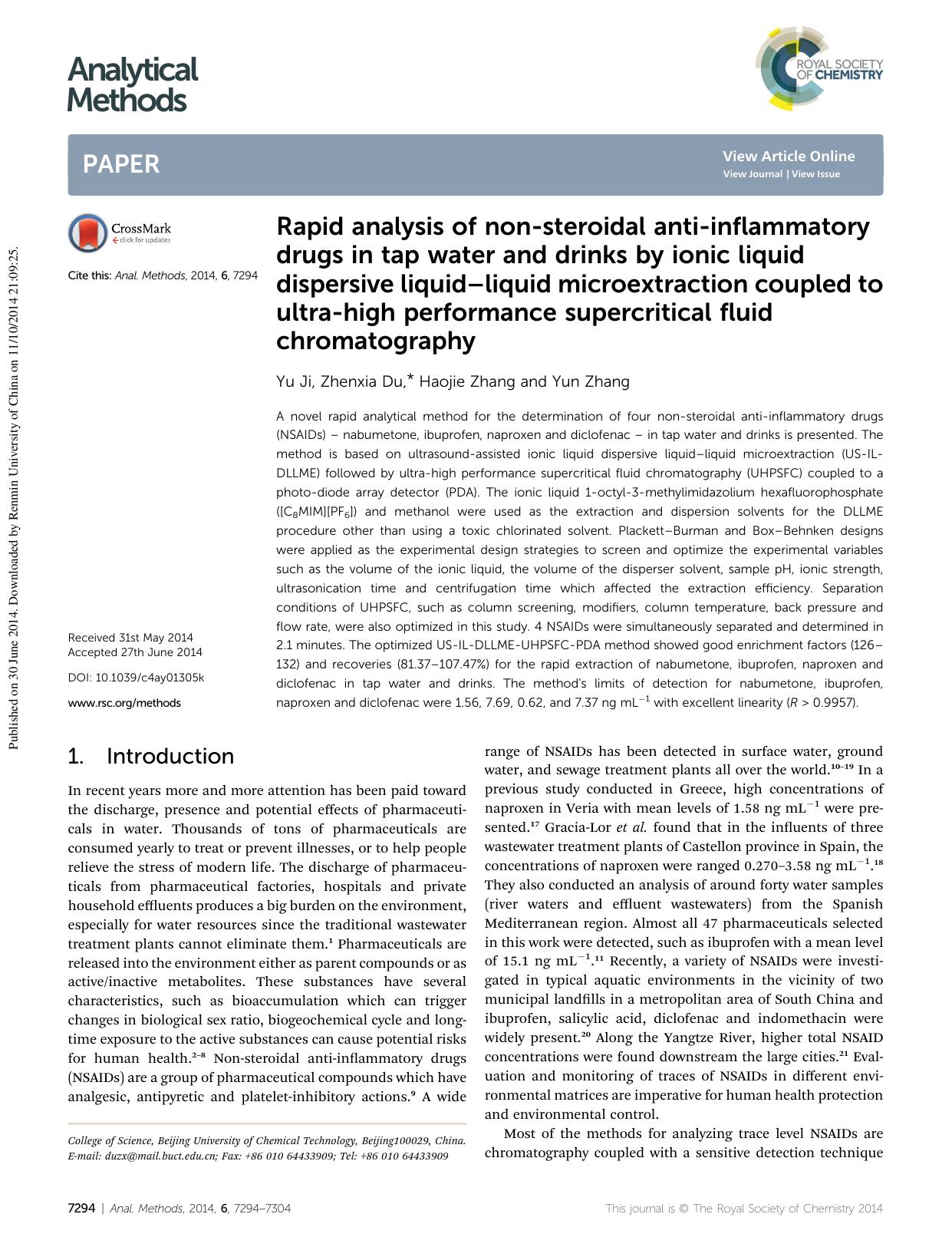 Rapid analysis of non-steroidal anti-inflammatory drugs in tap water and drinks by ionic liquid dispersive liquidâliquid microextraction coupled to ultra-high performance supercr by Yu Ji & Zhenxia Du & Haojie Zhang & Yun Zhang