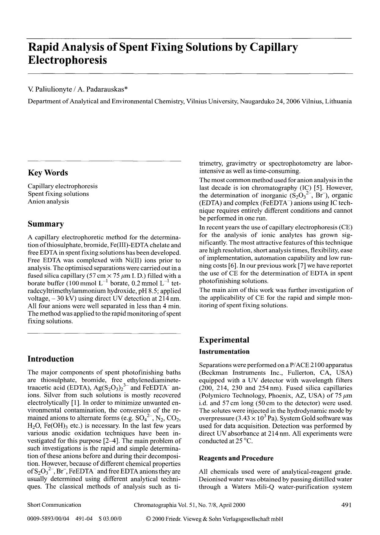 Rapid analysis of spent fixing solutions by capillary electrophoresis by Unknown