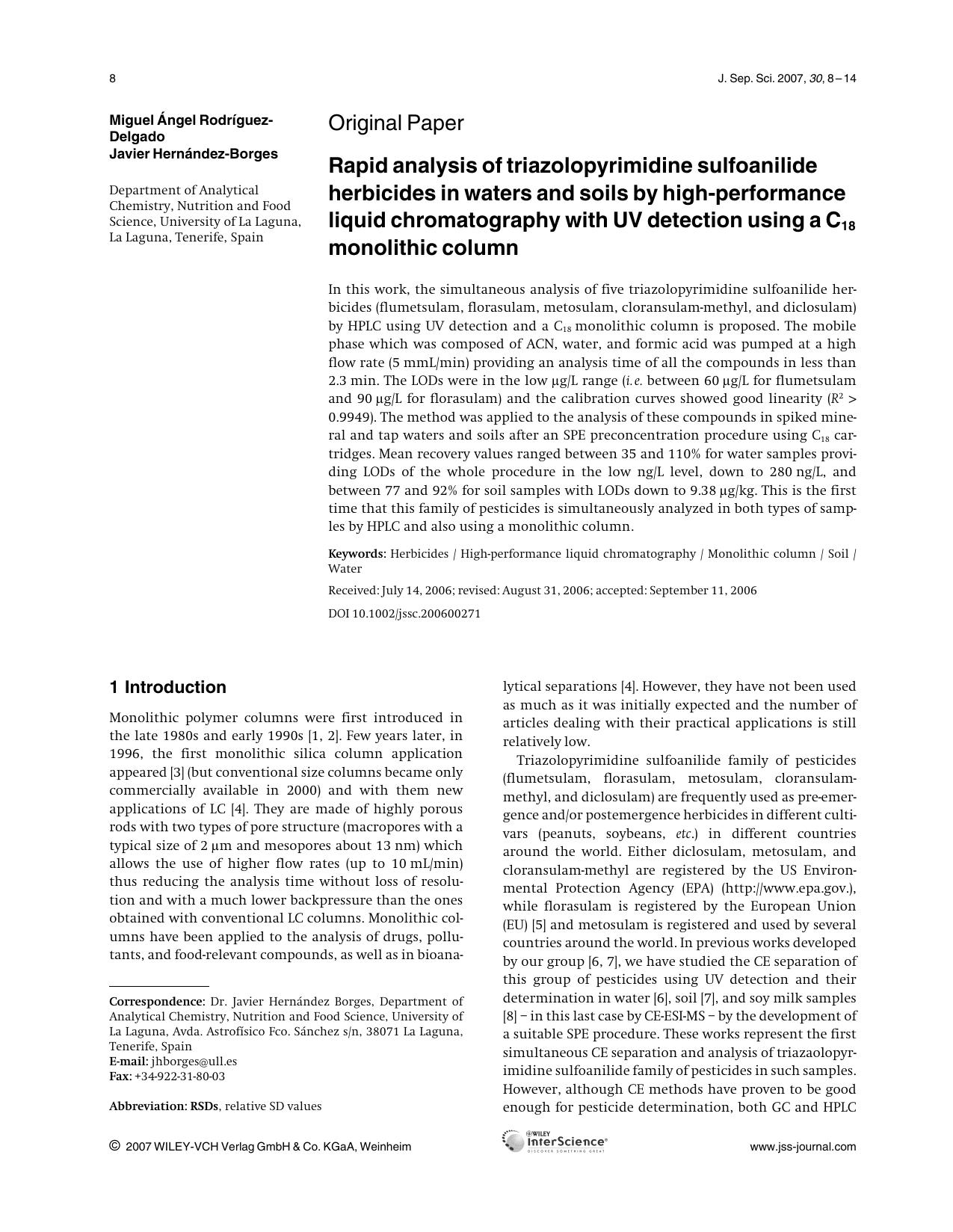 Rapid analysis of triazolopyrimidine sulfoanilide herbicides in waters and soils by high-performance liquid chromatography with UV detection using a C18 monolithic column by Unknown