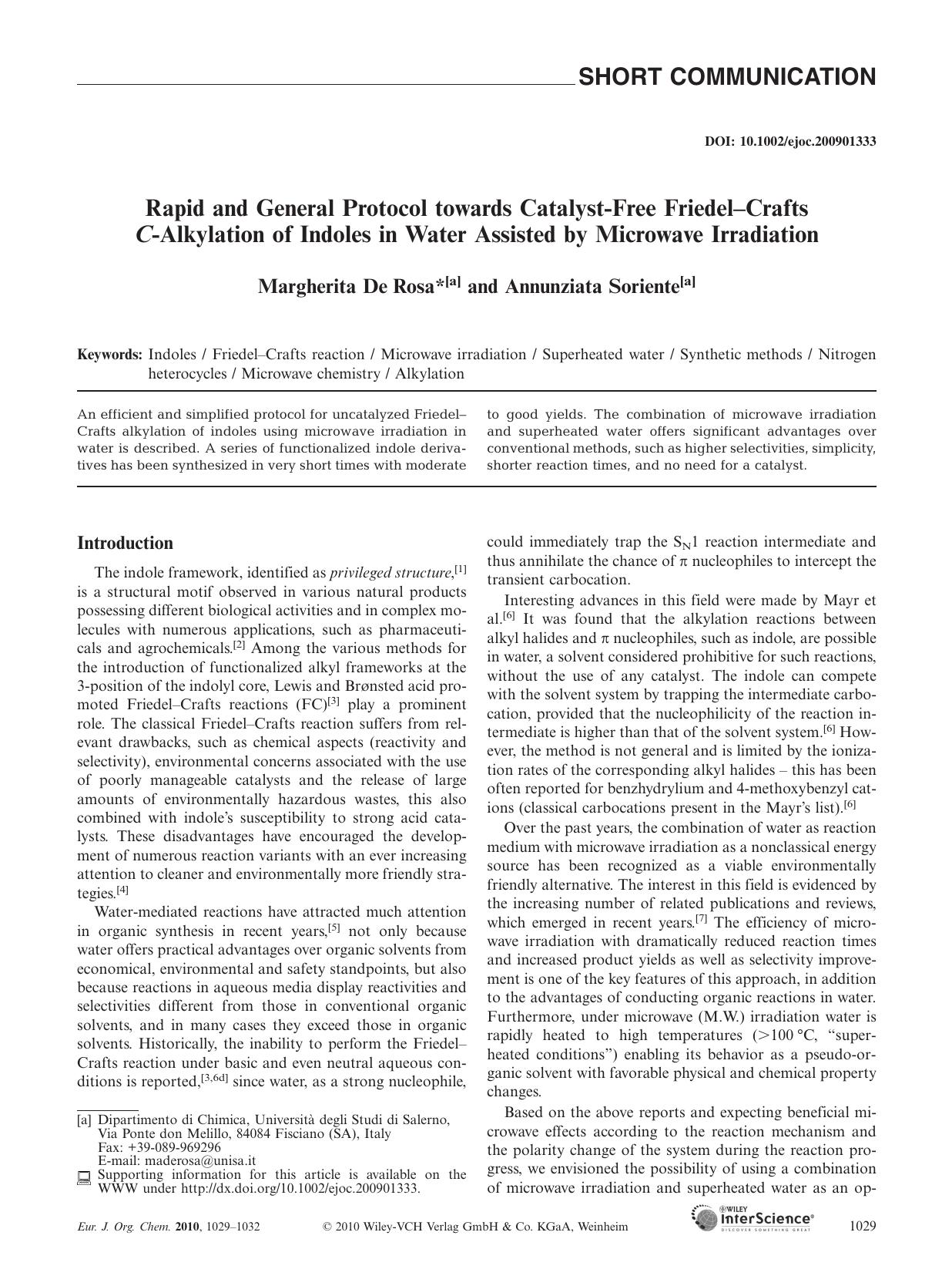 Rapid and General Protocol towards Catalyst-Free Friedel-Crafts C-Alkylation of Indoles in Water Assisted by Microwave Irradiation by Unknown