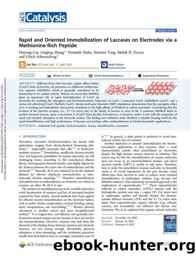 Rapid and Oriented Immobilization of Laccases on Electrodes via a Methionine-Rich Peptide by Haiyang Cui Lingling Zhang Dominik Söder Xiaomei Tang Mehdi D. Davari & Ulrich Schwaneberg