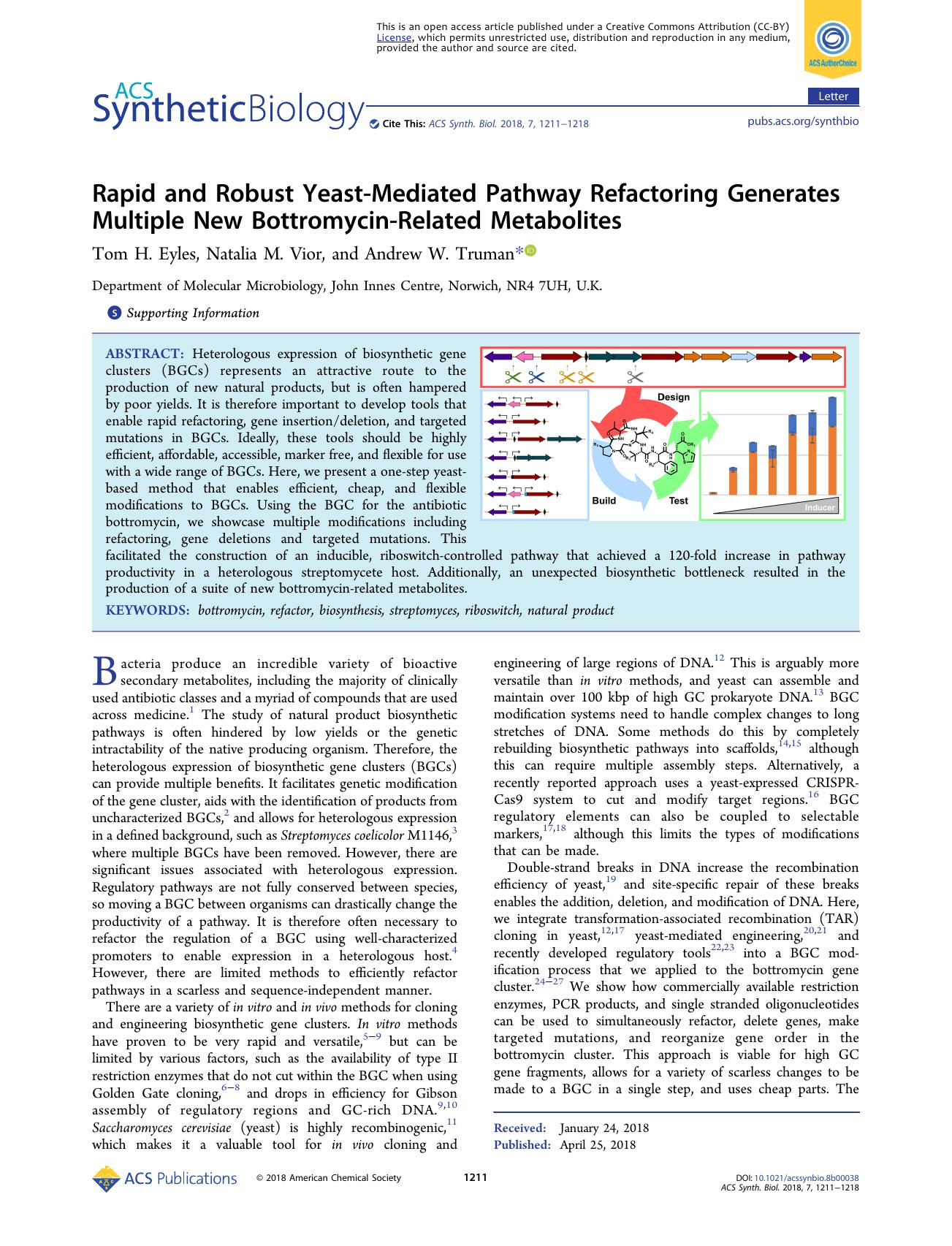 Rapid and Robust Yeast-Mediated Pathway Refactoring Generates Multiple New Bottromycin-Related Metabolites by Tom H. Eyles Natalia M. Vior and Andrew W. Truman