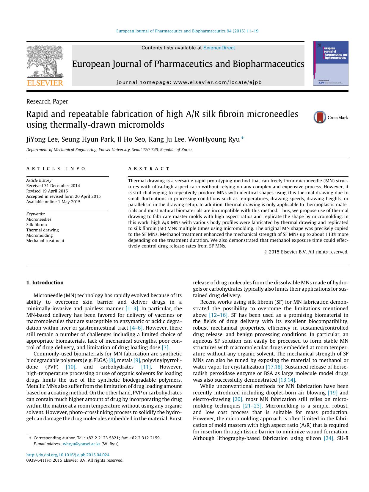 Rapid and repeatable fabrication of high AR silk fibroin microneedles using thermally-drawn micromolds by JiYong Lee & Seung Hyun Park & Il Ho Seo & Kang Ju Lee & WonHyoung Ryu