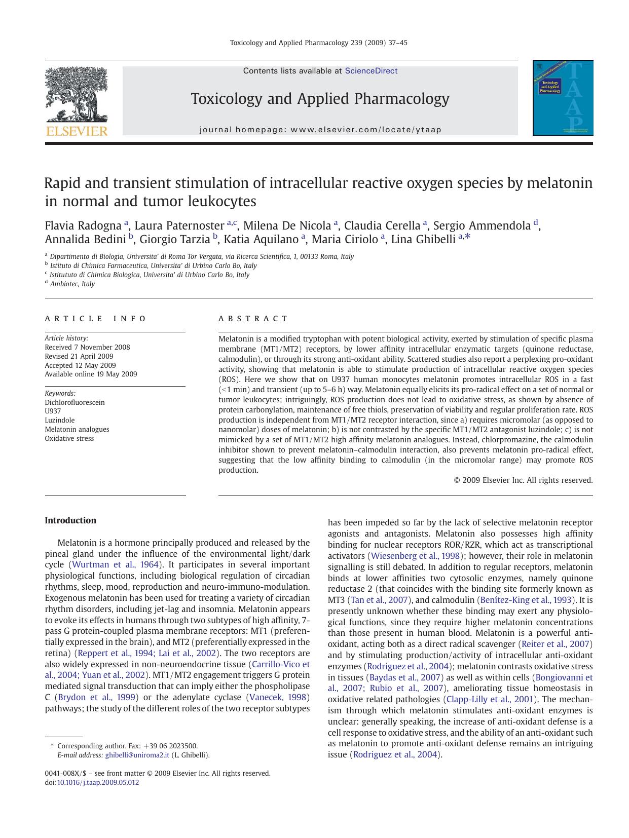 Rapid and transient stimulation of intracellular reactive oxygen species by melatonin in normal and tumor leukocytes by unknow