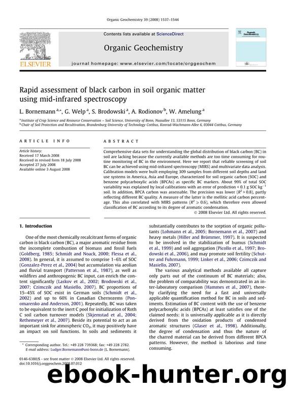 Rapid assessment of black carbon in soil organic matter using mid-infrared spectroscopy by L. Bornemann; G. Welp; S. Brodowski; A. Rodionov; W. Amelung