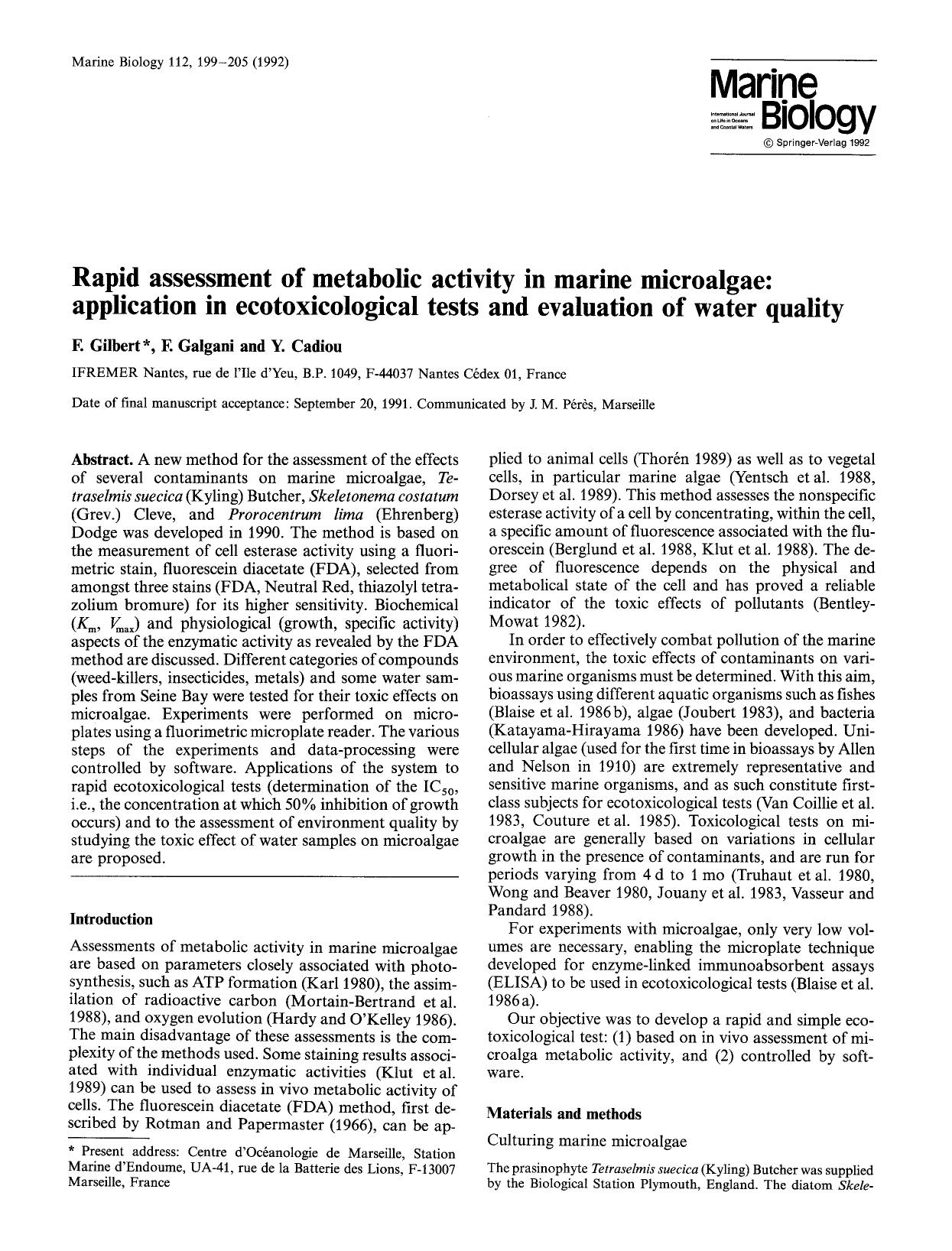 Rapid assessment of metabolic activity in marine microalgae: application in ecotoxicological tests and evaluation of water quality by Unknown