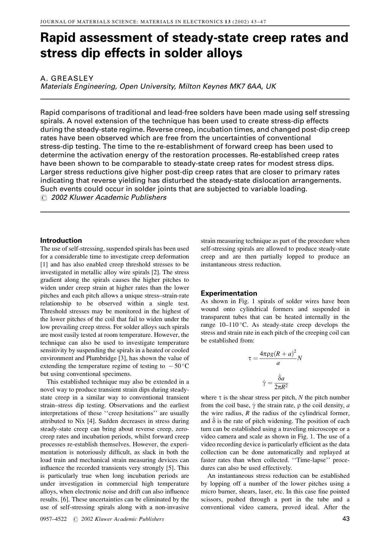 Rapid assessment of steady-state creep rates and stress dip effects in solder alloys by Unknown