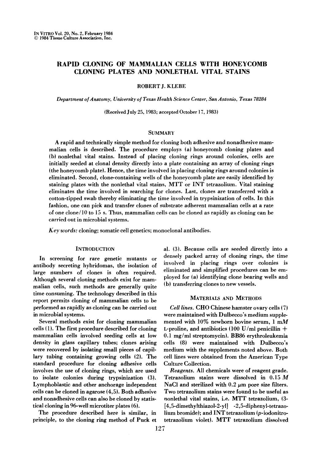 Rapid cloning of mammalian cells with honeycomb cloning plates and nonlethal vital stains by Unknown