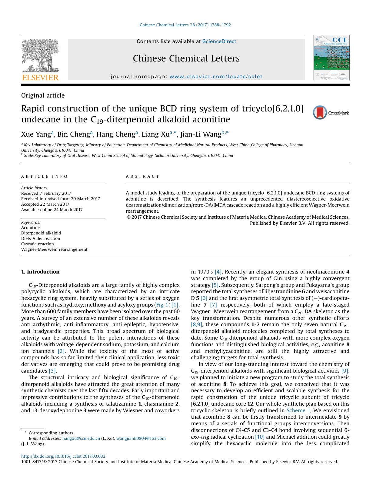 Rapid construction of the unique BCD ring system of tricyclo[6.2.1.0]undecane in the C19-diterpenoid alkaloid aconitine by Xue Yang & Bin Cheng & Hang Cheng & Liang Xu & Jian-Li Wang