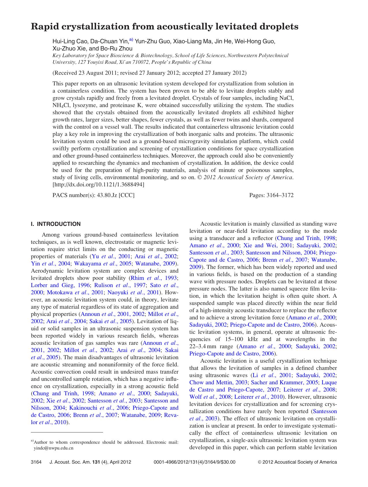 Rapid crystallization from acoustically levitated droplets by unknow