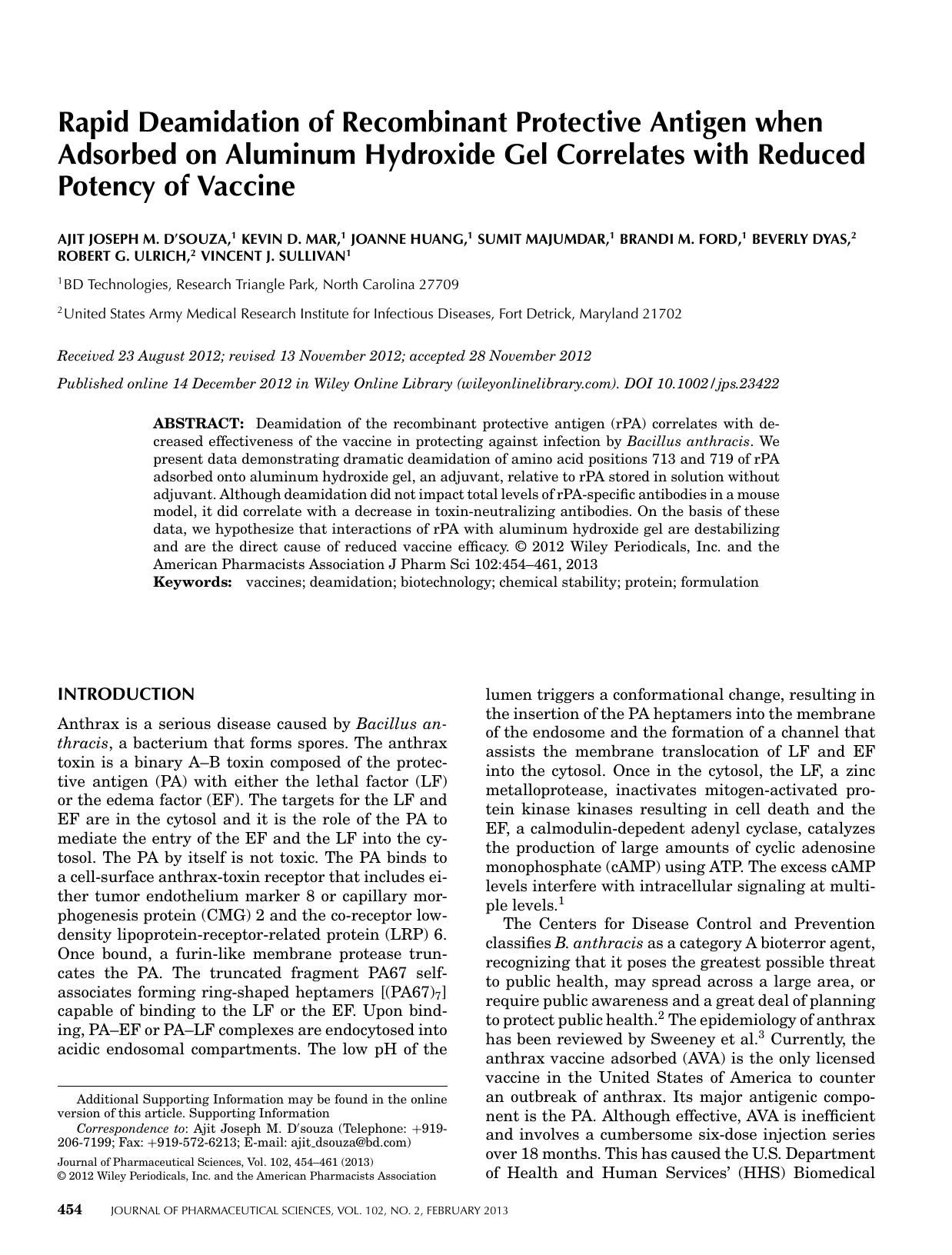 Rapid deamidation of recombinant protective antigen when adsorbed on aluminum hydroxide gel correlates with reduced potency of vaccine by Unknown