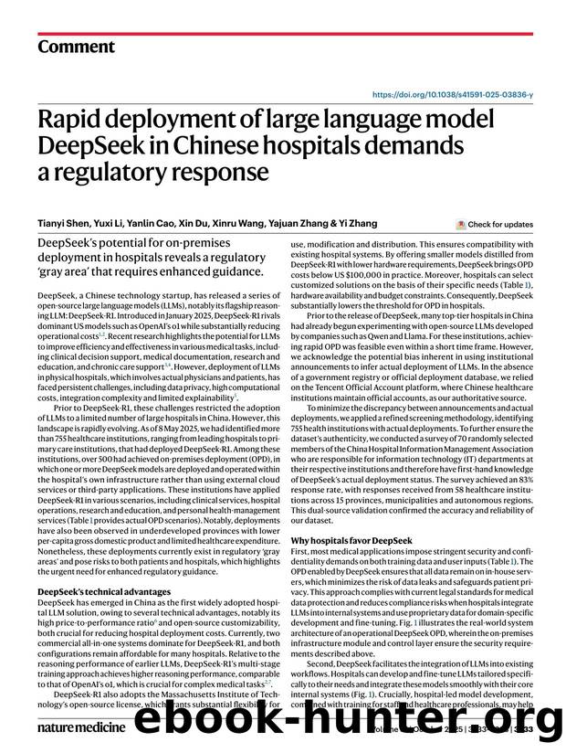 Rapid deployment of large language model DeepSeek in Chinese hospitals demands a regulatory response by Tianyi Shen & Yuxi Li & Yanlin Cao & Xin Du & Xinru Wang & Yajuan Zhang & Yi Zhang