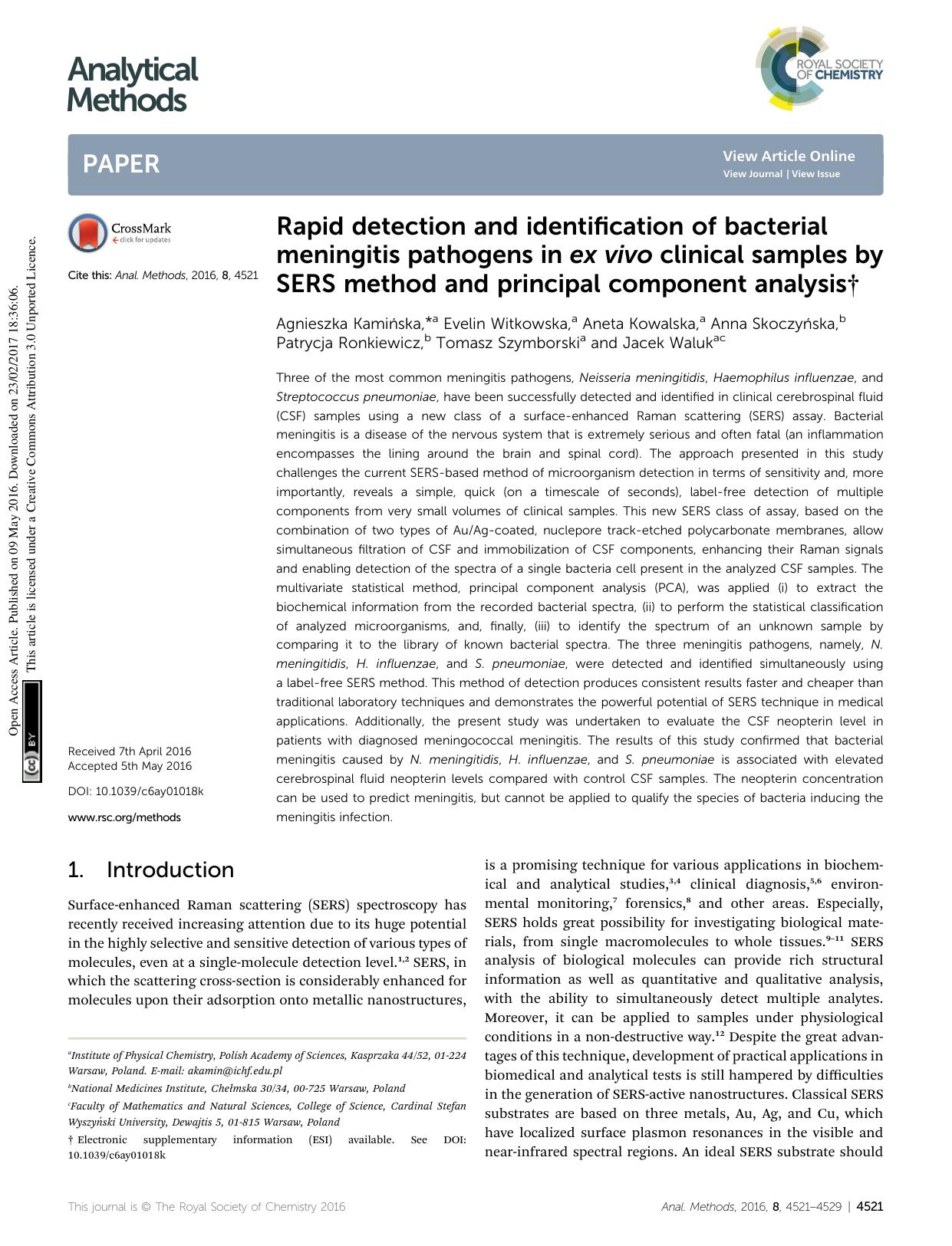 Rapid detection and identification of bacterial meningitis pathogens in ex vivo clinical samples by SERS method and principal component analysis by unknow