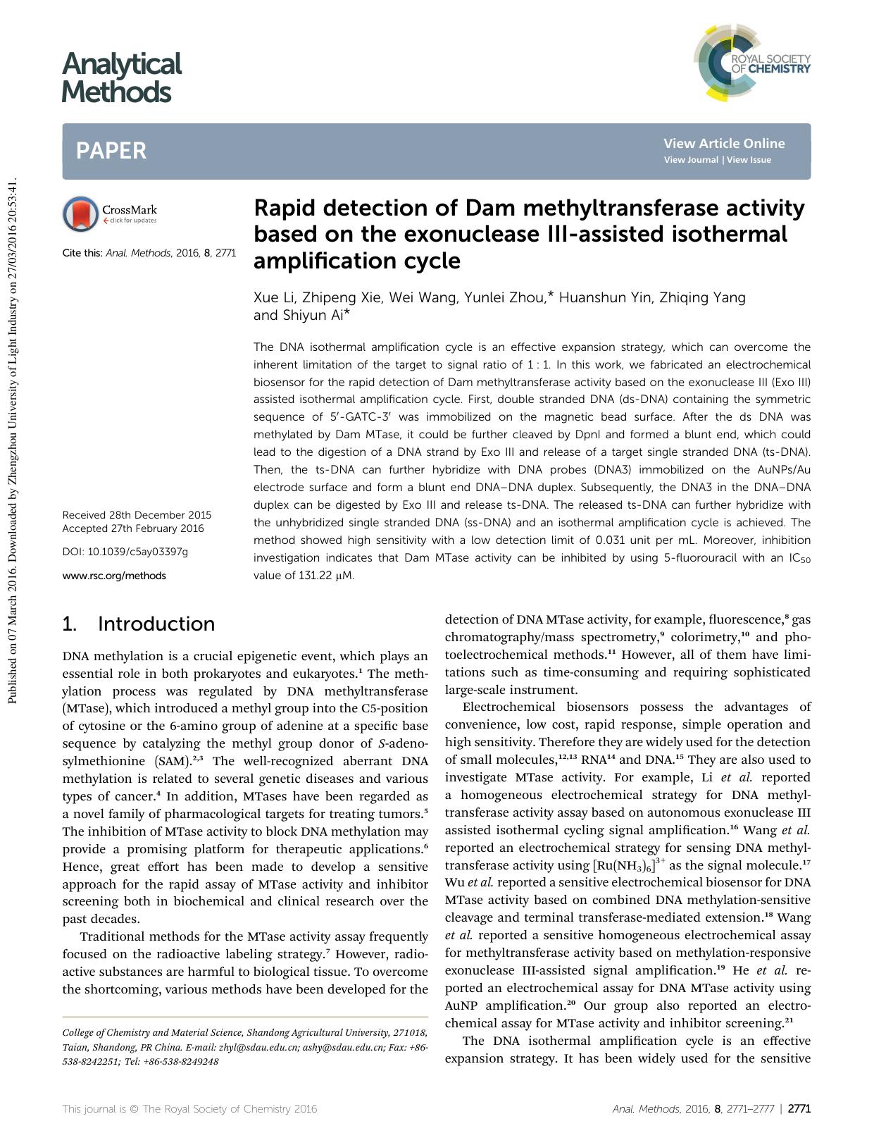 Rapid detection of Dam methyltransferase activity based on the exonuclease III-assisted isothermal amplification cycle by Xue Li & Zhipeng Xie & Wei Wang & Yunlei Zhou & Huanshun Yin & Zhiqing Yang & Shiyun Ai