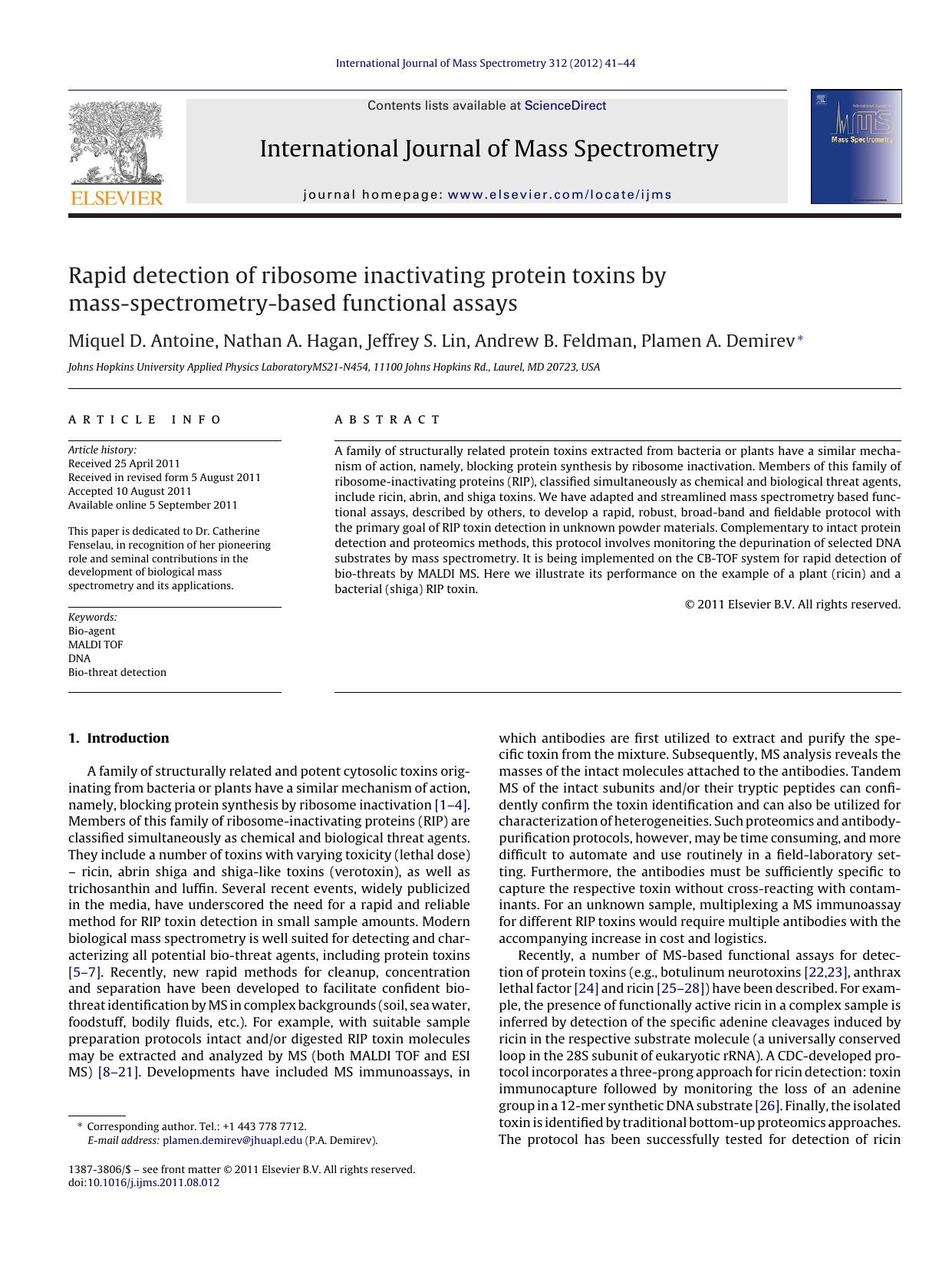 Rapid detection of ribosome inactivating protein toxins by mass-spectrometry-based functional assays by Miquel D. Antoine