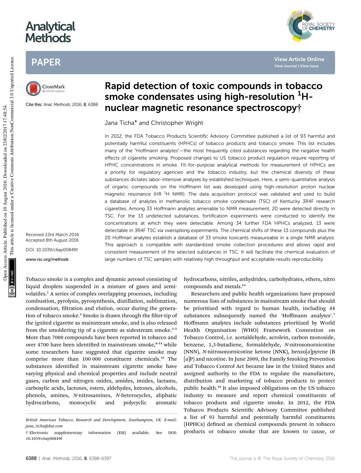 Rapid detection of toxic compounds in tobacco smoke condensates using high-resolution 1H-nuclear magnetic resonance spectroscopy by Jana Ticha & Christopher Wright