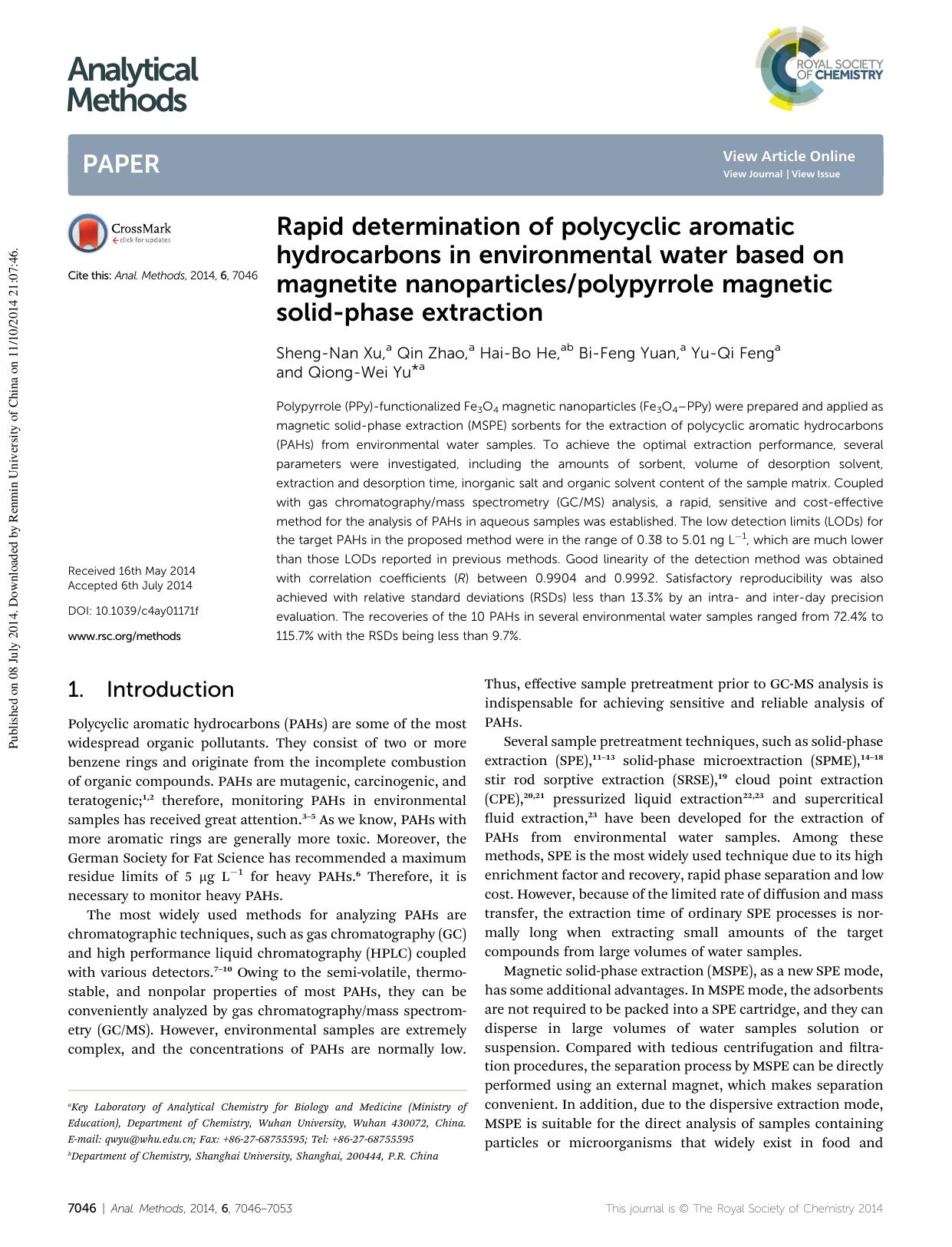 Rapid determination of polycyclic aromatic hydrocarbons in environmental water based on magnetite nanoparticlespolypyrrole magnetic solid-phase extraction by Sheng-Nan Xu & Qin Zhao & Hai-Bo He & Bi-Feng Yuan & Yu-Qi Feng & Qiong-Wei Yu