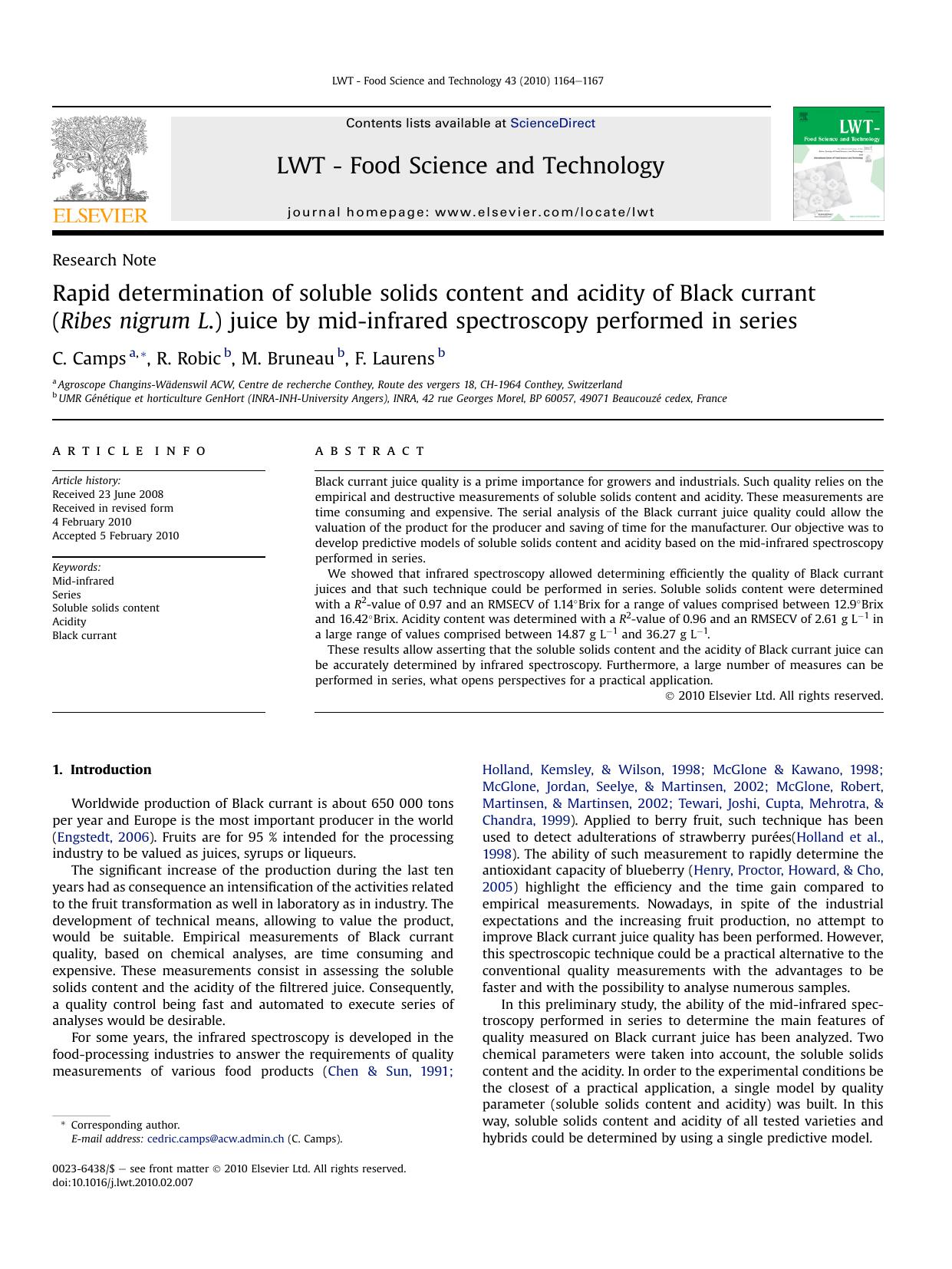 Rapid determination of soluble solids content and acidity of Black currant (Ribes nigrum L.) juice by mid-infrared spectroscopy performed in series by C. Camps; R. Robic; M. Bruneau; F. Laurens
