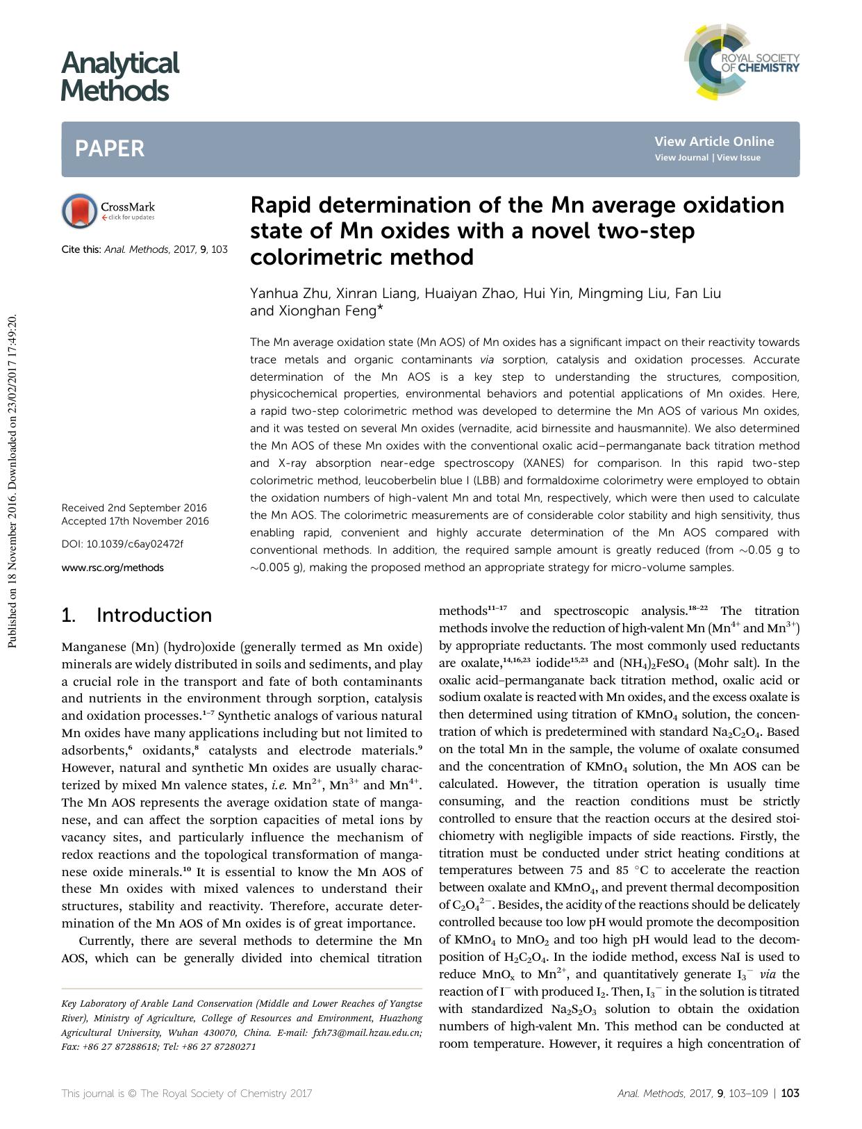 Rapid determination of the Mn average oxidation state of Mn oxides with a novel two-step colorimetric method by Yanhua Zhu & Xinran Liang & Huaiyan Zhao & Hui Yin & Mingming Liu & Fan Liu & Xionghan Feng