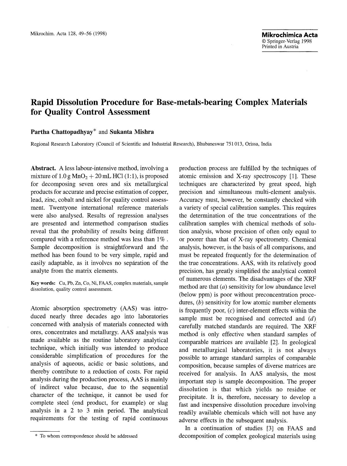 Rapid dissolution procedure for base-metals-bearing complex materials for quality control assessment by Unknown