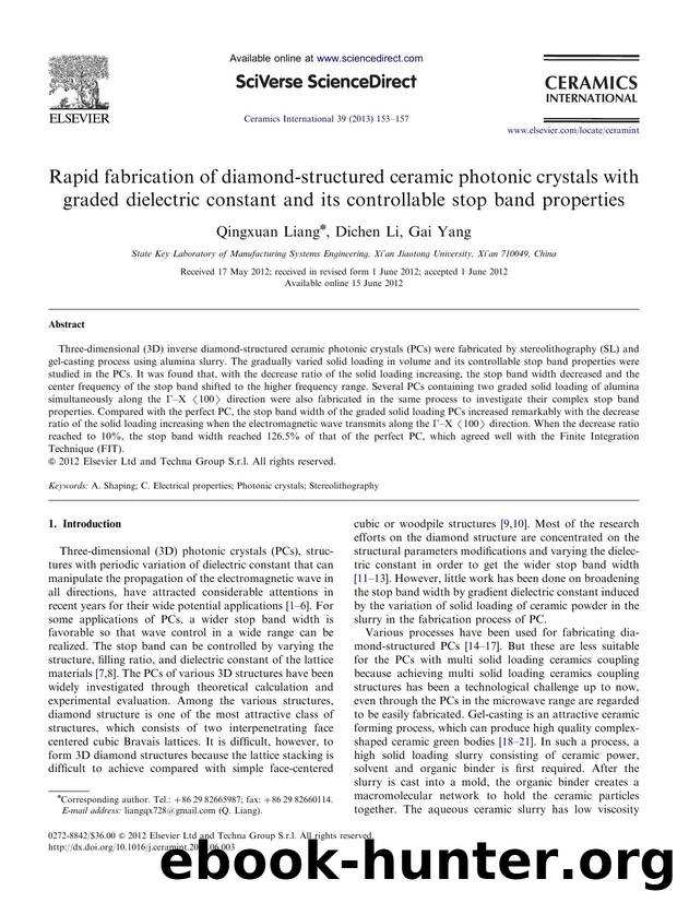 Rapid fabrication of diamond-structured ceramic photonic crystals with graded dielectric constant and its controllable stop band properties by Qingxuan Liang & Dichen Li & Gai Yang