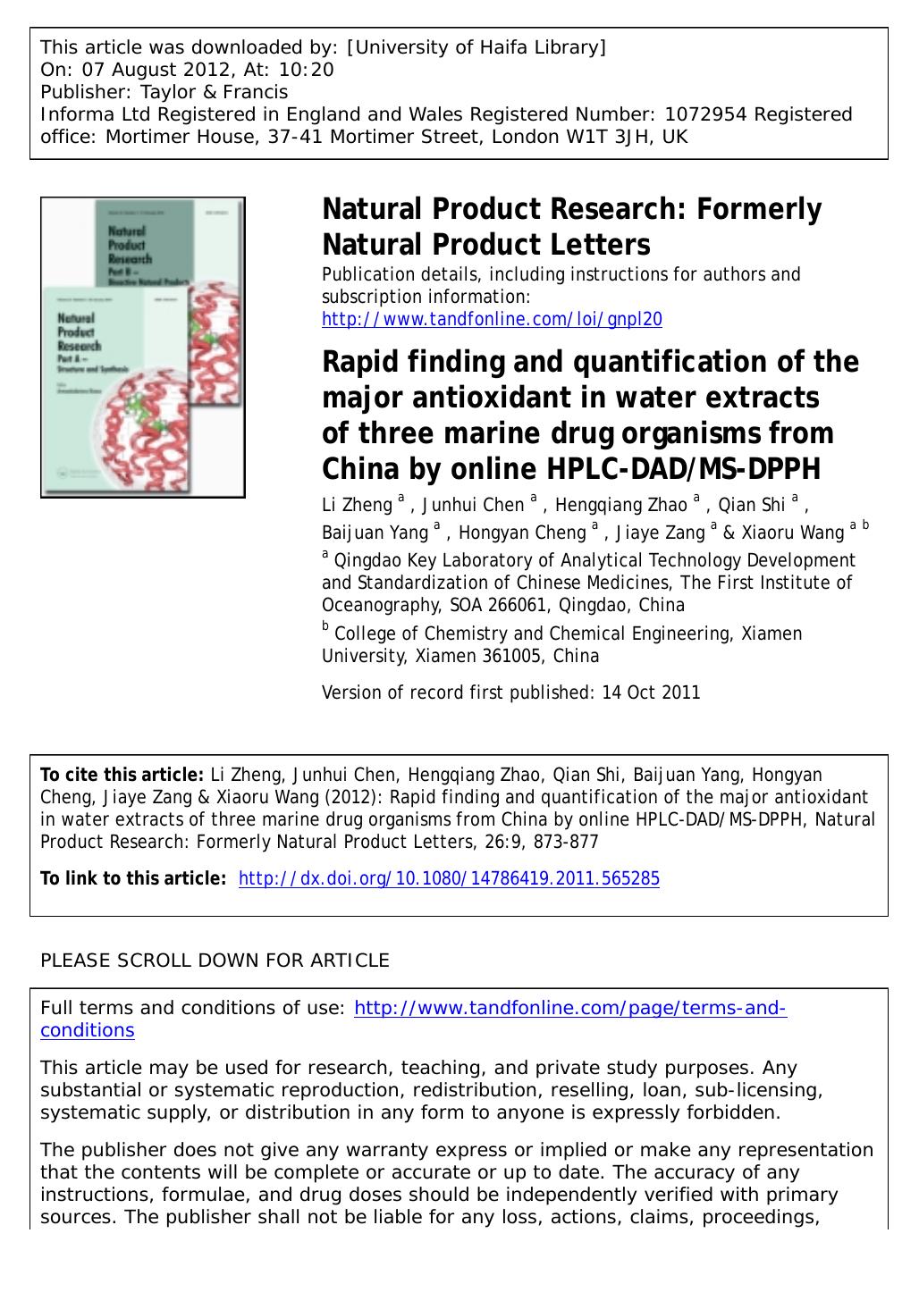 Rapid finding and quantification of the major antioxidant in water extracts of three marine drug organisms from China by online HPLC-DADMS-DPPH by unknow