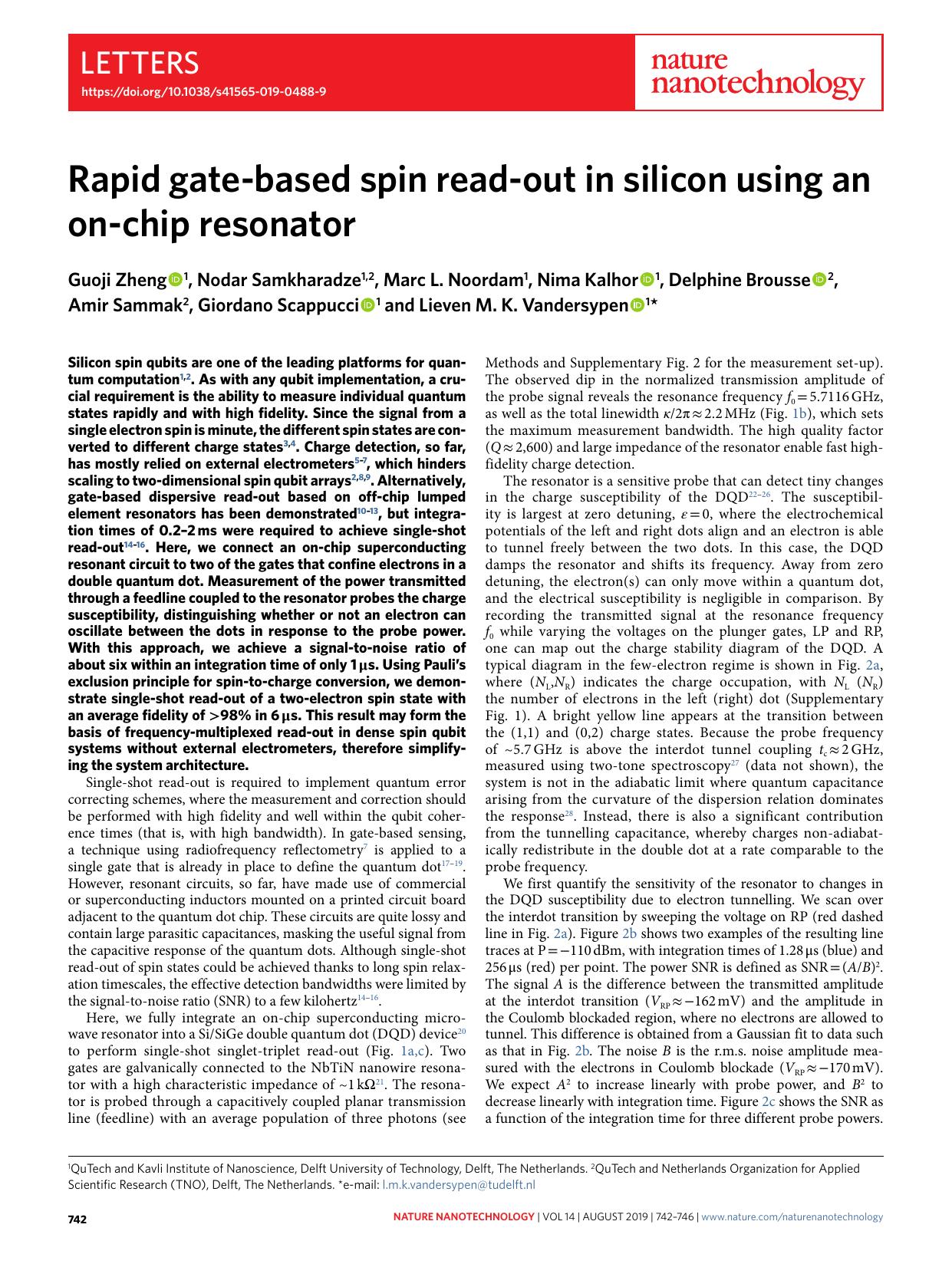 Rapid gate-based spin read-out in silicon using an on-chip resonator by unknow