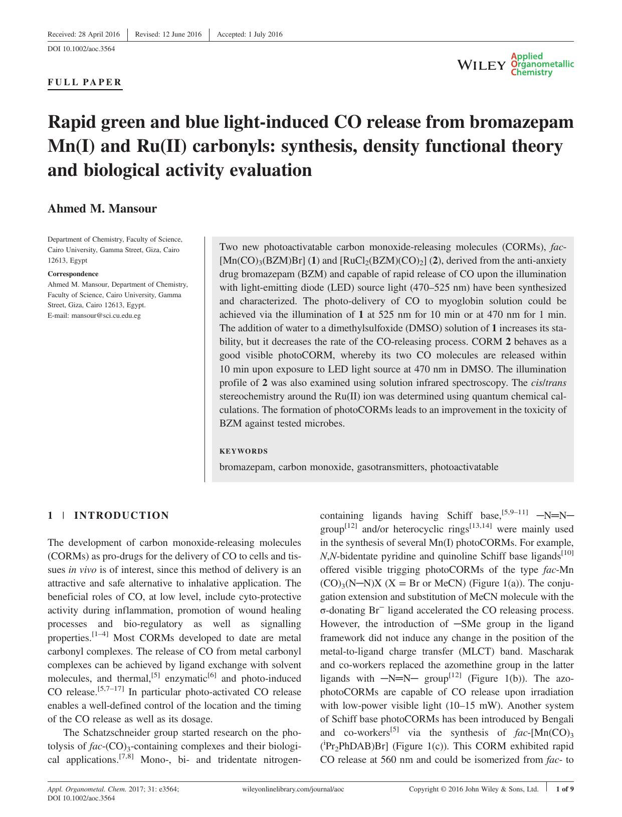 Rapid green and blue light-induced CO release from bromazepam Mn(I) and Ru(II) carbonyls: synthesis, density functional theory and biological activity evaluation by Ahmed M. Mansour