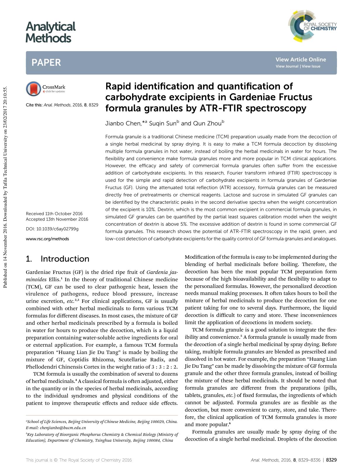 Rapid identification and quantification of carbohydrate excipients in Gardeniae Fructus formula granules by ATR-FTIR spectroscopy by Jianbo Chen & Suqin Sun & Qun Zhou