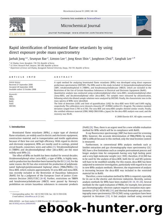 Rapid identification of brominated flame retardants by using direct exposure probe mass spectrometry by Jaehak Jung; Seunyun Bae; Limsoo Lee; Jong Keun Shin; Junghoon Choi; Sanghak Lee