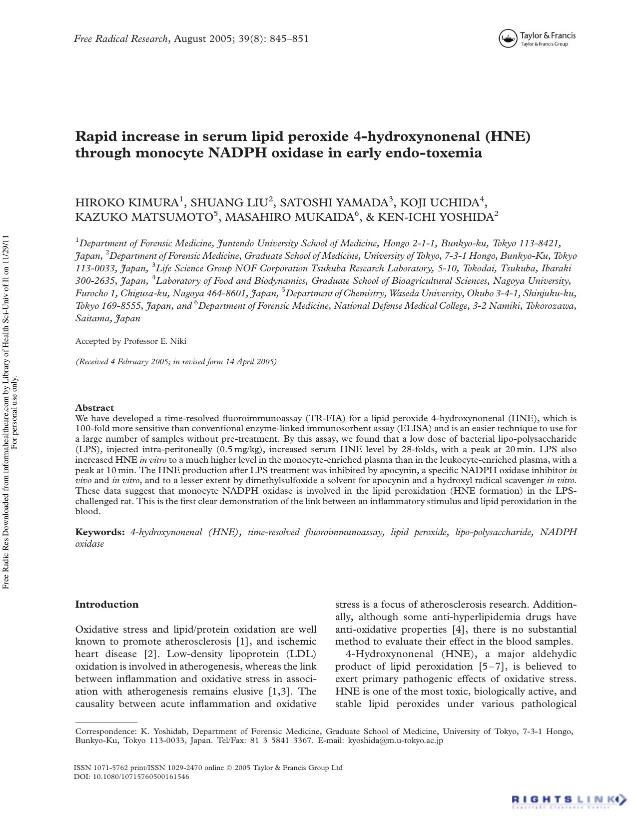 Rapid increase in serum lipid peroxide 4-hydroxynonenal (HNE) through monocyte NADPH oxidase in early endo-toxemia by unknow