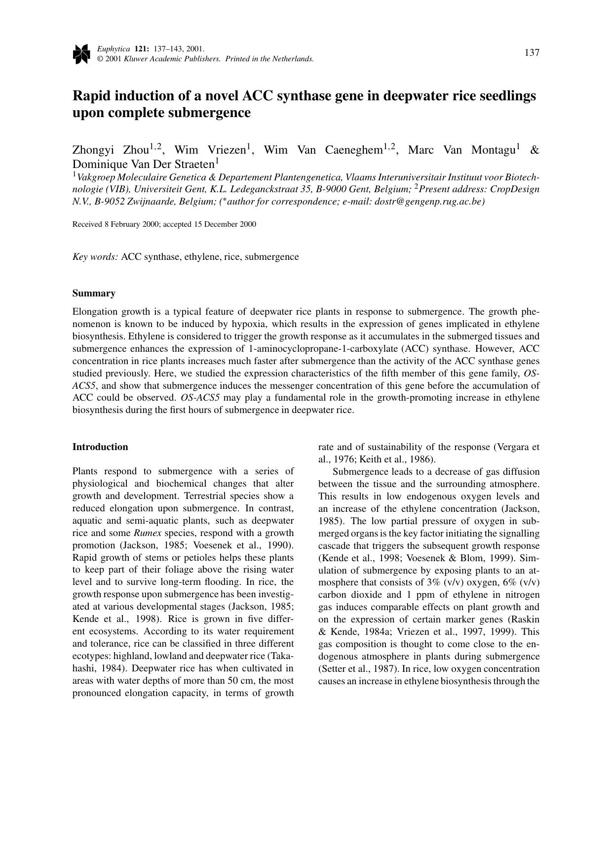 Rapid induction of a novel ACC synthase gene in deepwater rice seedlings upon complete submergence by Unknown