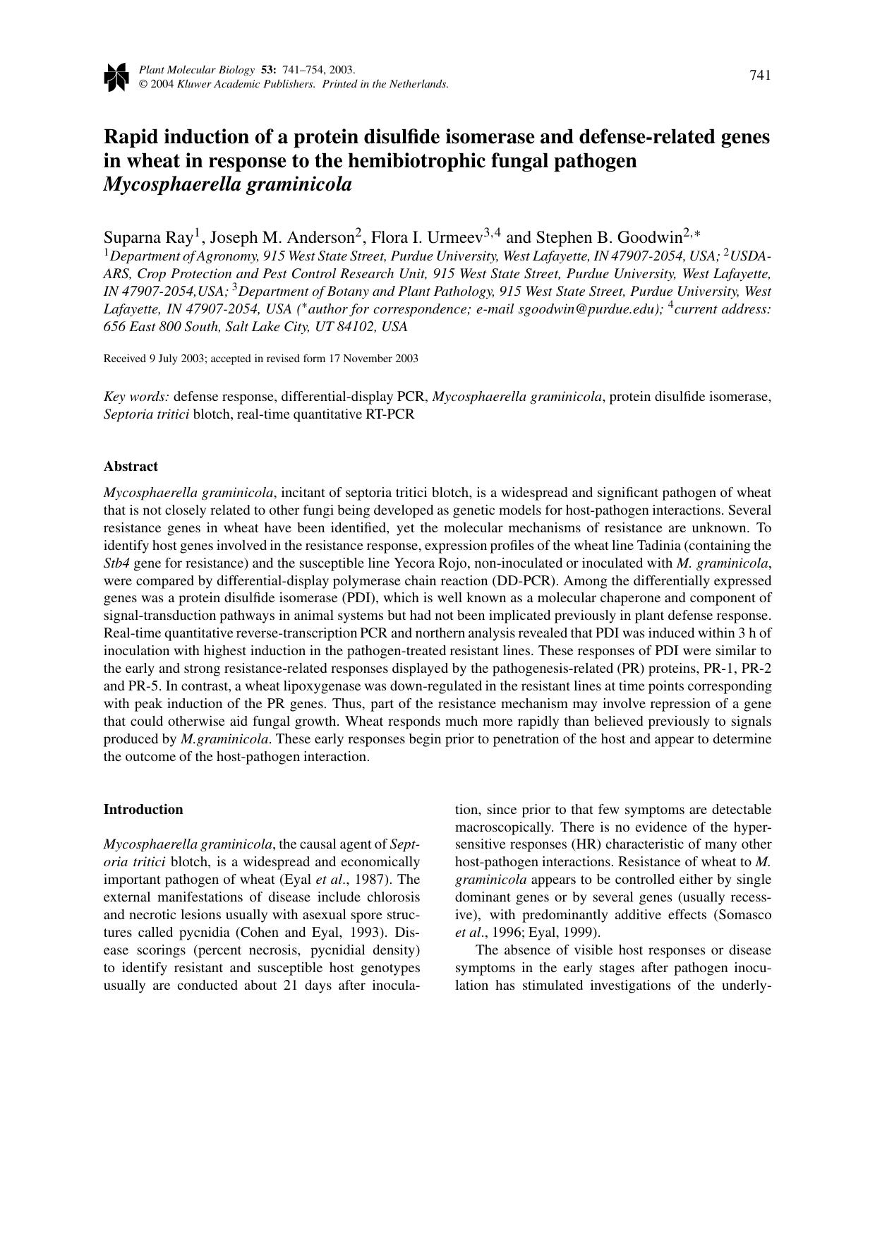Rapid induction of a protein disulfide isomerase and defense-related genes in wheat in response to the hemibiotrophic fungal pathogen <Emphasis Type="Italic">Mycosphaerella graminicola<Emphasis> by Unknown