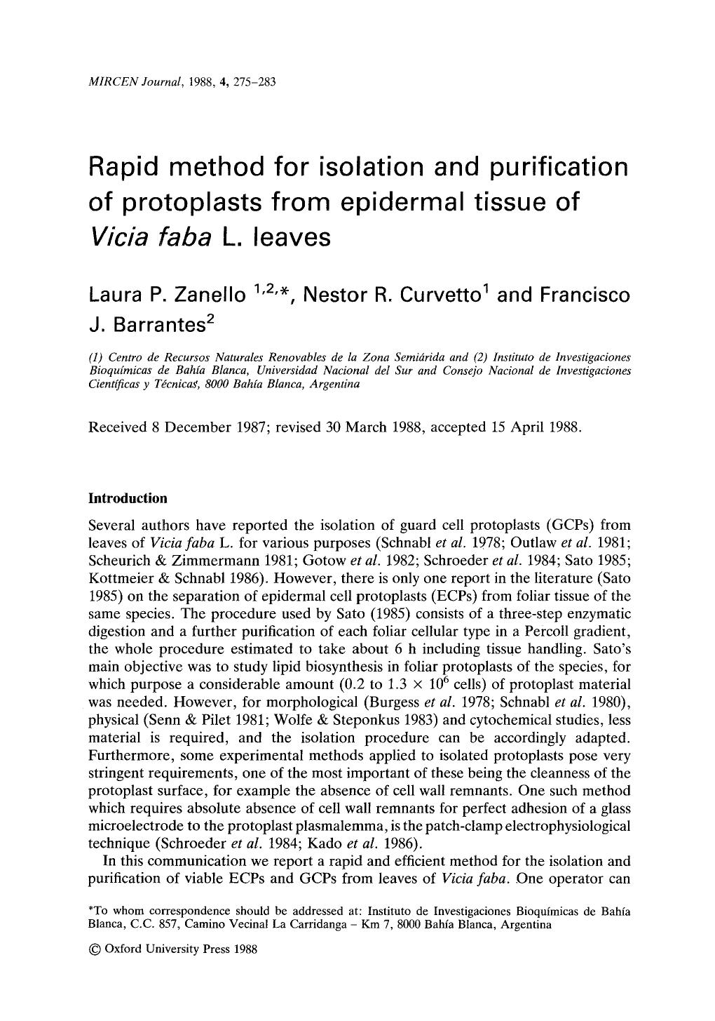 Rapid method for isolation and purification of protoplasts from epidermal tissue of <Emphasis Type="Italic">Vicia faba <Emphasis> L. leaves by Unknown