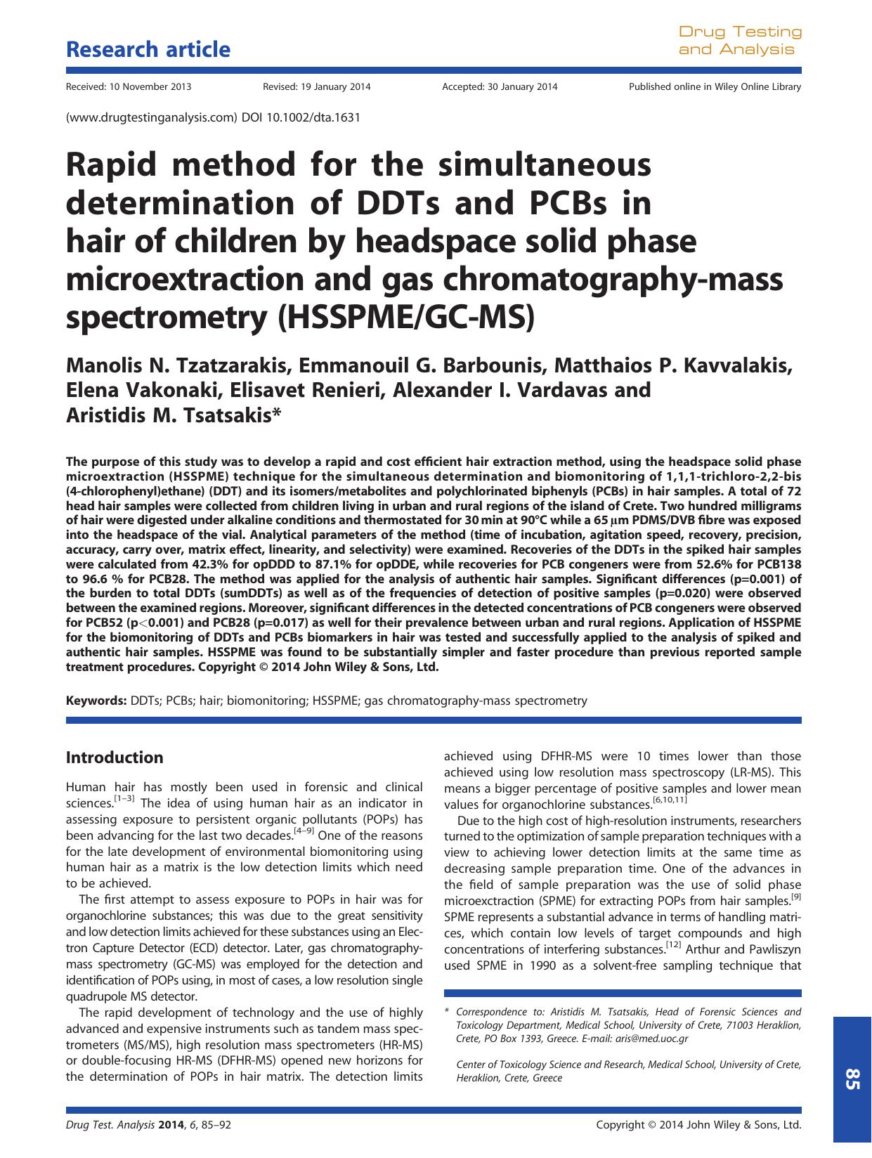 Rapid method for the simultaneous determination of DDTs and PCBs in hair of children by headspace solid phase microextraction and gas chromatographymass spectrometry (HSSPMEGCMS) by Unknown