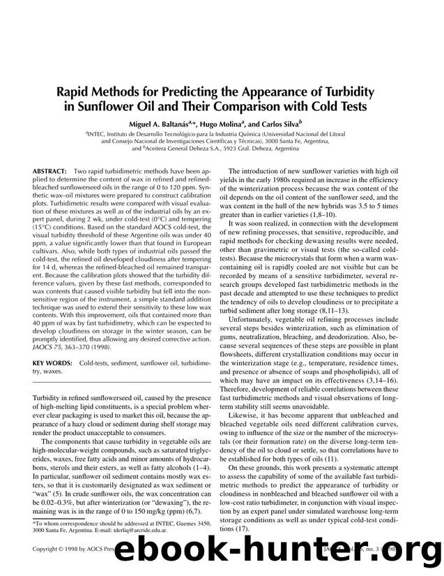 Rapid methods for predicting the appearance of turbidity in sunflower oil and their comparison with cold tests by Unknown