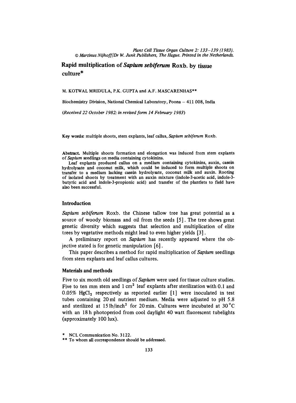 Rapid multiplication of <Emphasis Type="Italic">Sapium sebiferum<Emphasis> Roxb. by tissue culture by Unknown