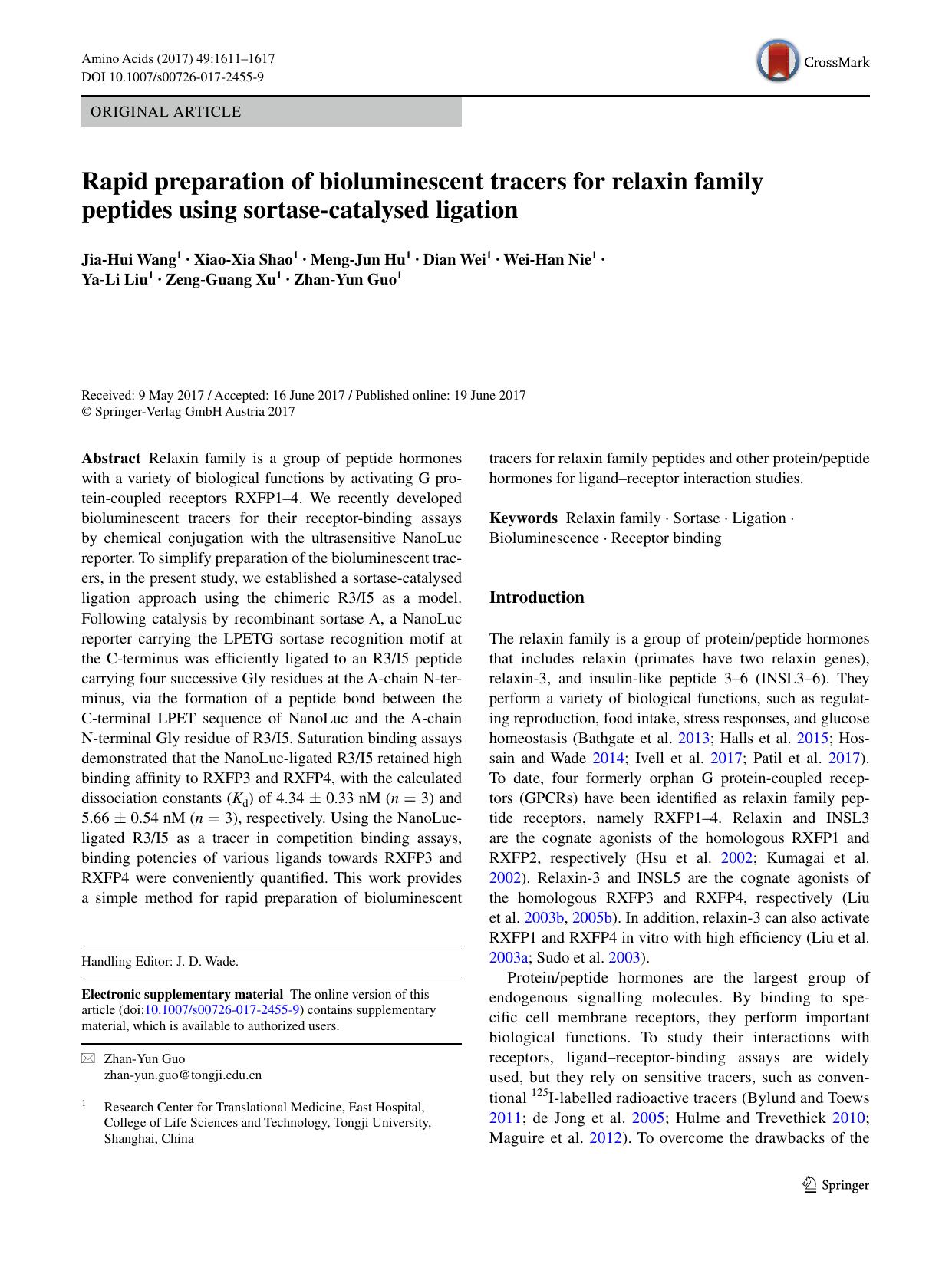 Rapid preparation of bioluminescent tracers for relaxin family peptides using sortase-catalysed ligation by unknow