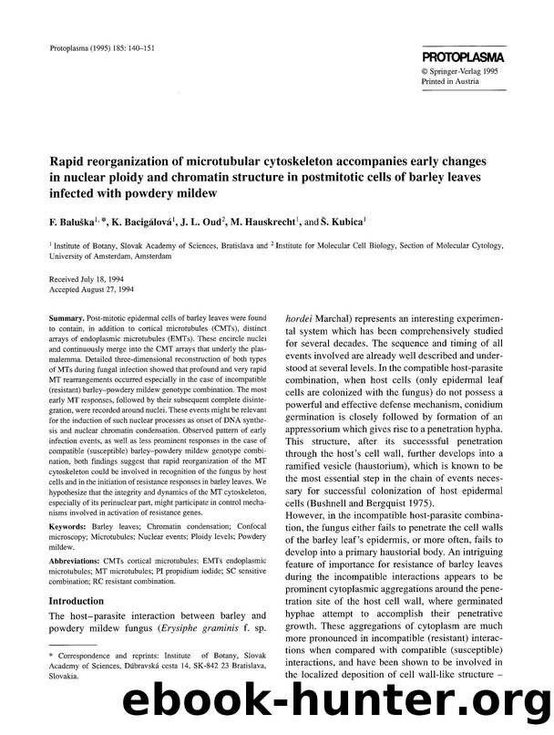 Rapid reorganization of microtubular cytoskeleton accompanies early changes in nuclear ploidy and chromatin structure in postmitotic cells of barley leaves infected with powdery mildew by Unknown
