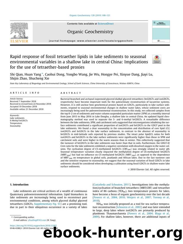 Rapid response of fossil tetraether lipids in lake sediments to seasonal environmental variables in a shallow lake in central China: Implications for the use of tetraether-based proxies by Shi Qian