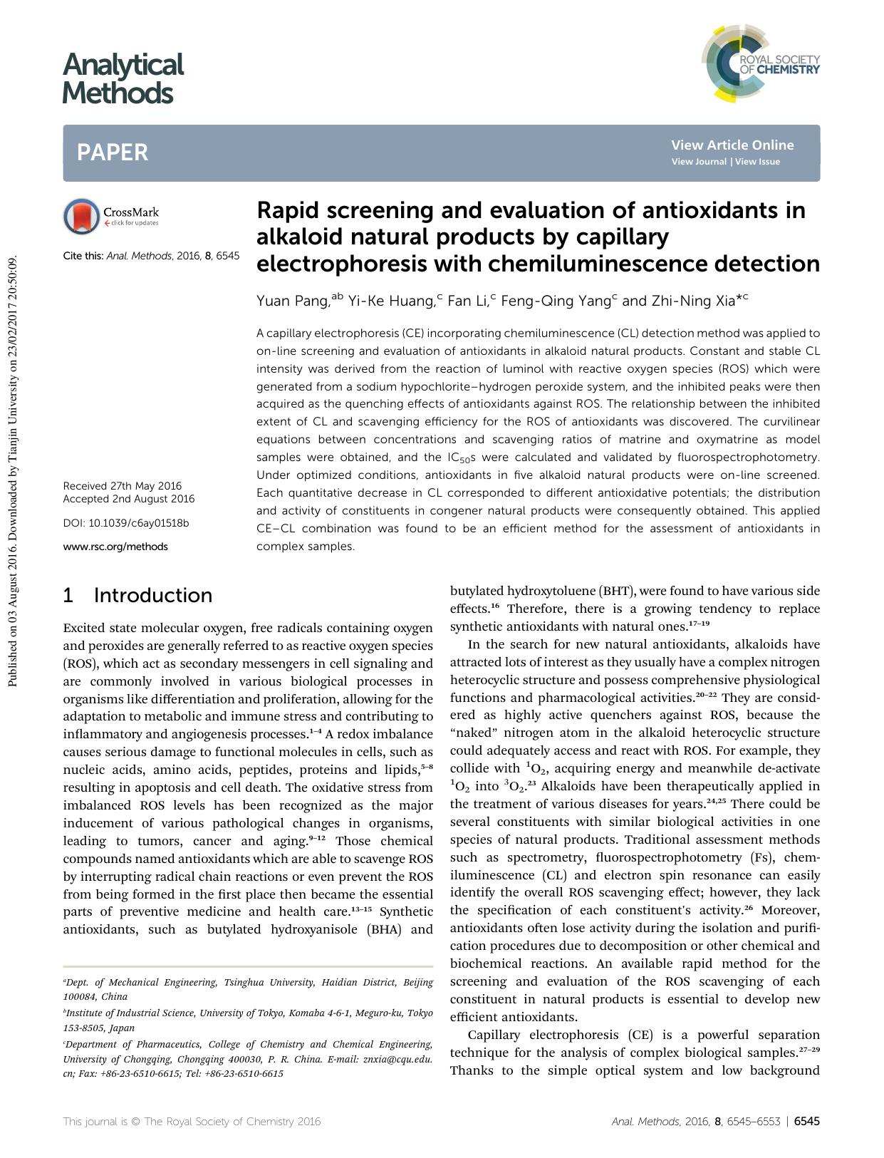 Rapid screening and evaluation of antioxidants in alkaloid natural products by capillary electrophoresis with chemiluminescence detection by Yuan Pang & Yi-Ke Huang & Fan Li & Feng-Qing Yang & Zhi-Ning Xia