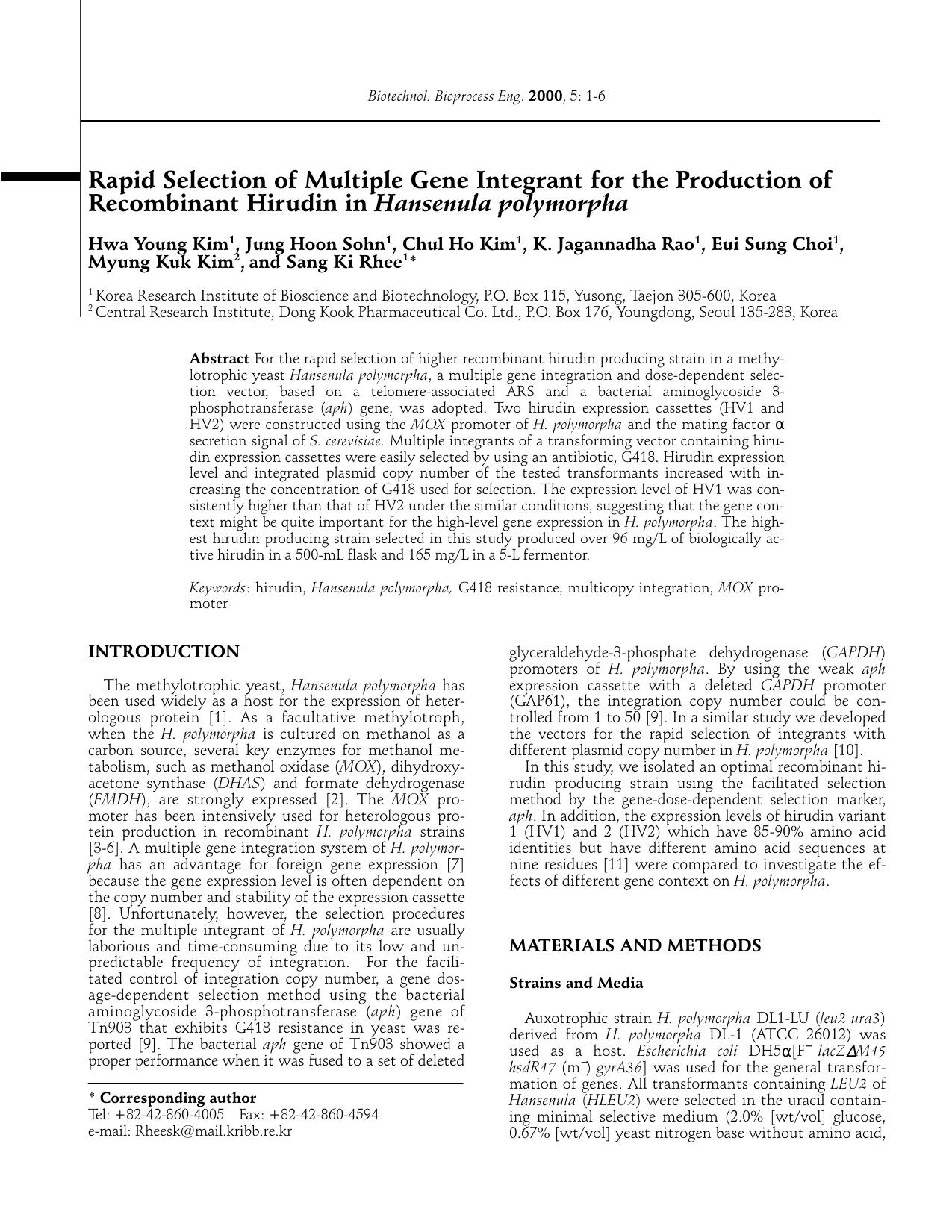 Rapid selection of multiple gene integrant for the production of recombinant hirudin in <Emphasis Type="Italic">Hansenula polymorpha <Emphasis> by Unknown