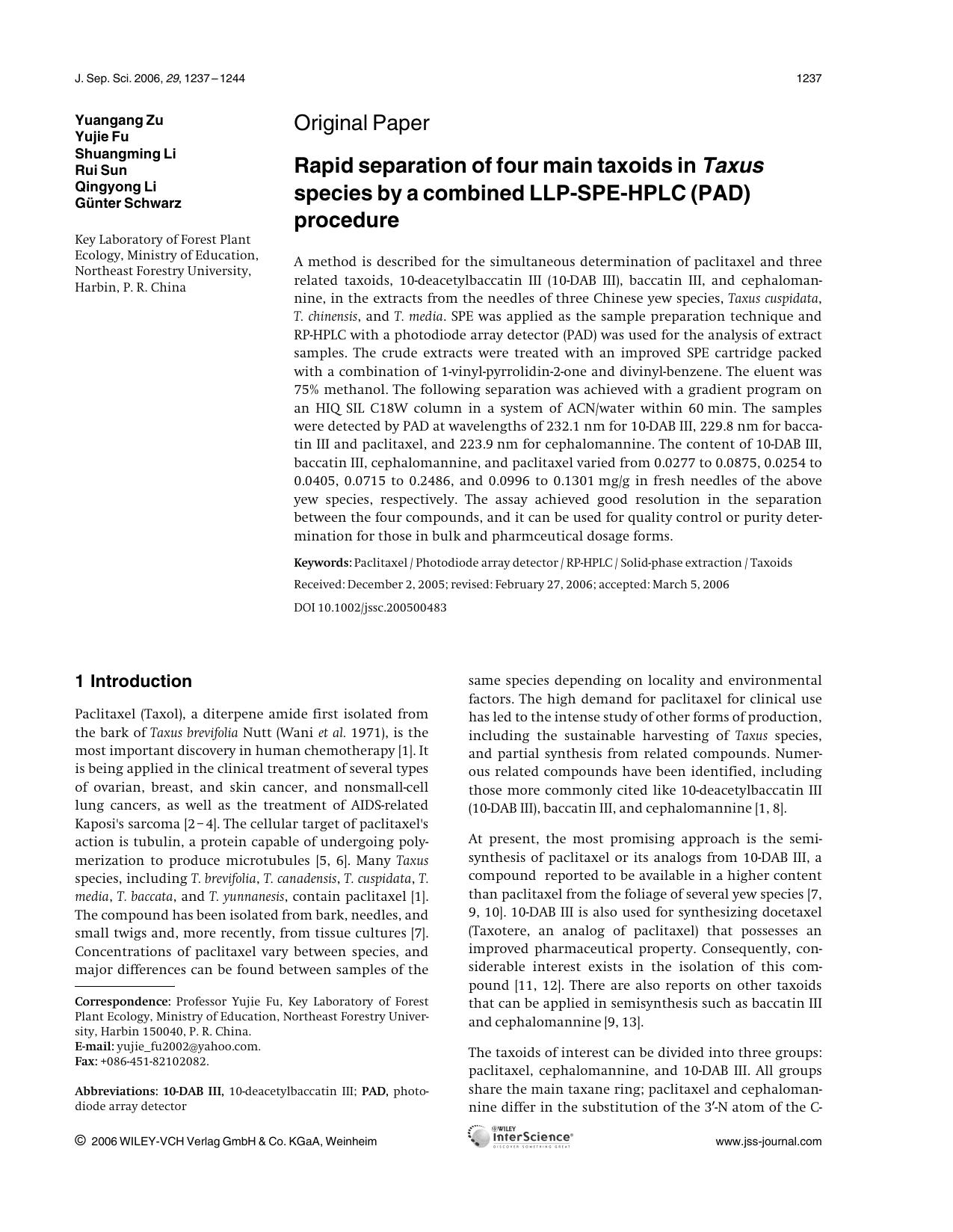 Rapid separation of four main taxoids in Taxus species by a combined LLP-SPE-HPLC (PAD) procedure by Unknown