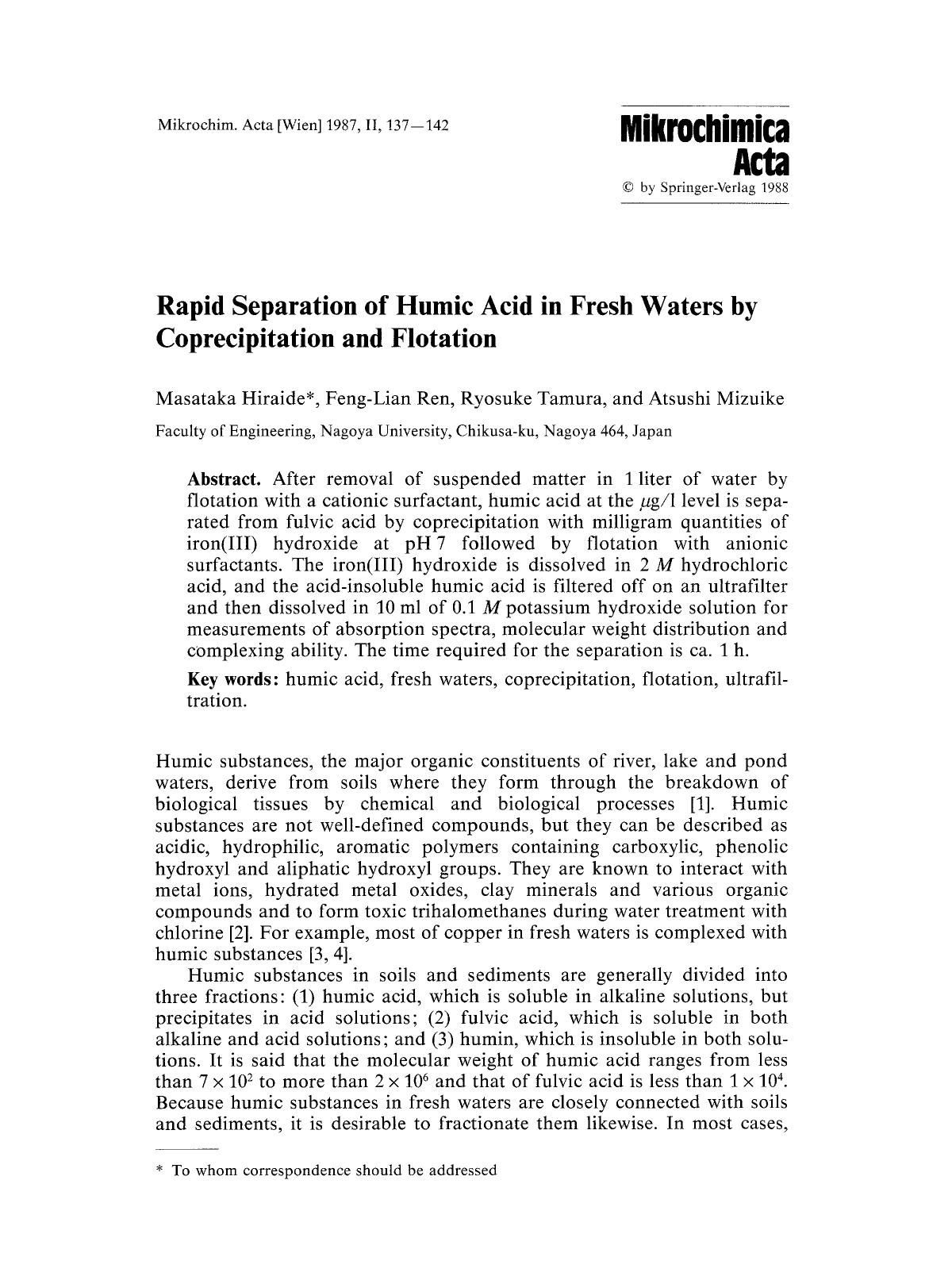 Rapid separation of humic acid in fresh waters by coprecipitation and flotation by Unknown